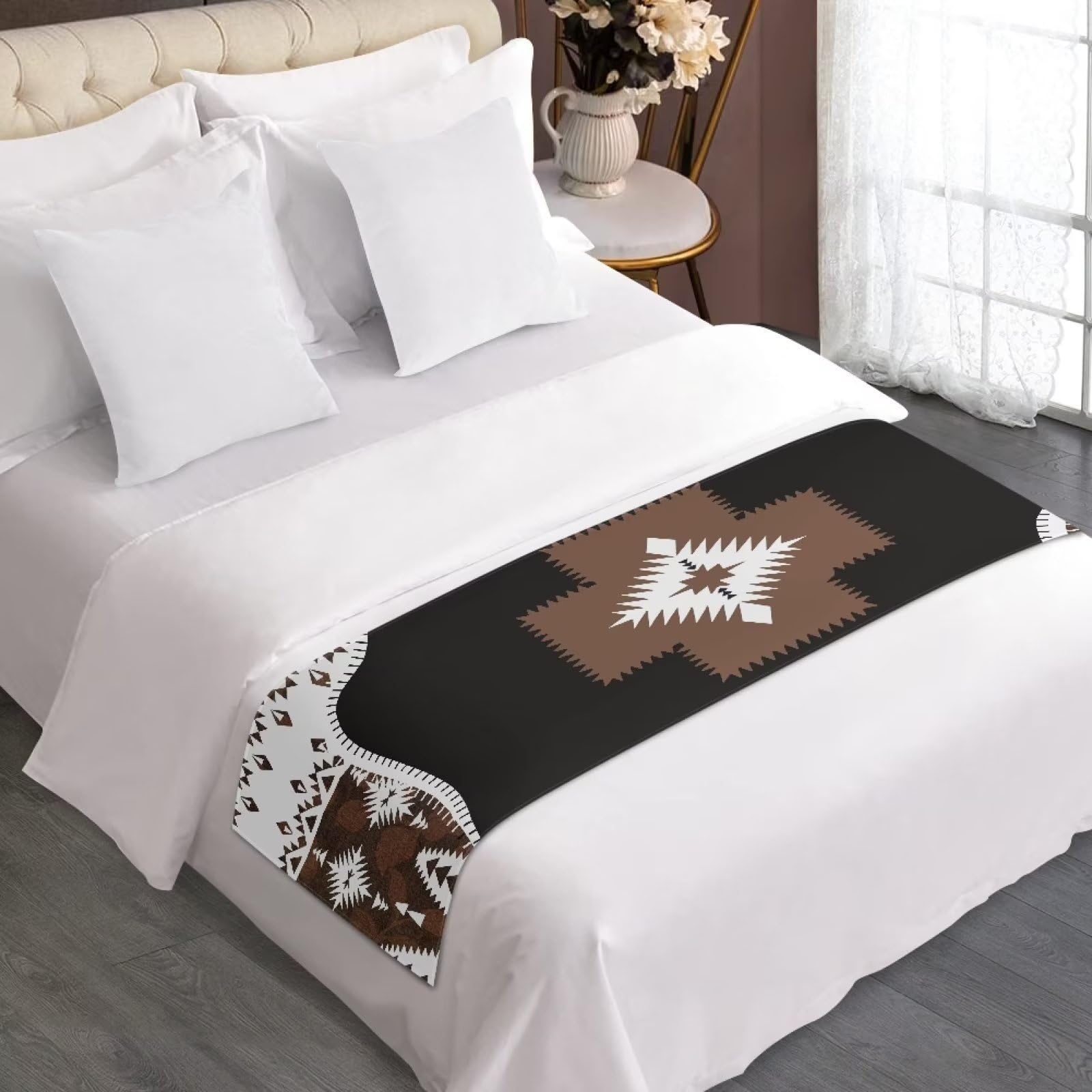 Dreaweet Southwestern Pattern Bed Runner,Aztec Tribal Geometry Pattern Brown Bed Scarf for Foot of Bed Queen Size,Decorative Accent Bedding Scarf for Hotels Homes and Guestrooms