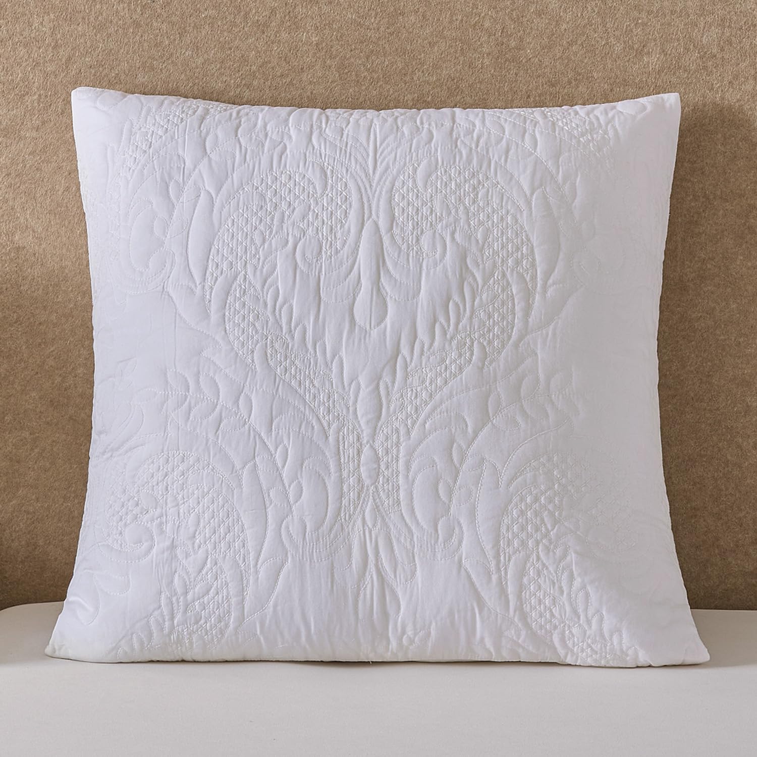 Quilted Pillow Sham Ivory Damask Standard Set of 2 Embroidered Floral Pillowcases Embossed Textured Cotton Vintage Pattern Cream 20×26