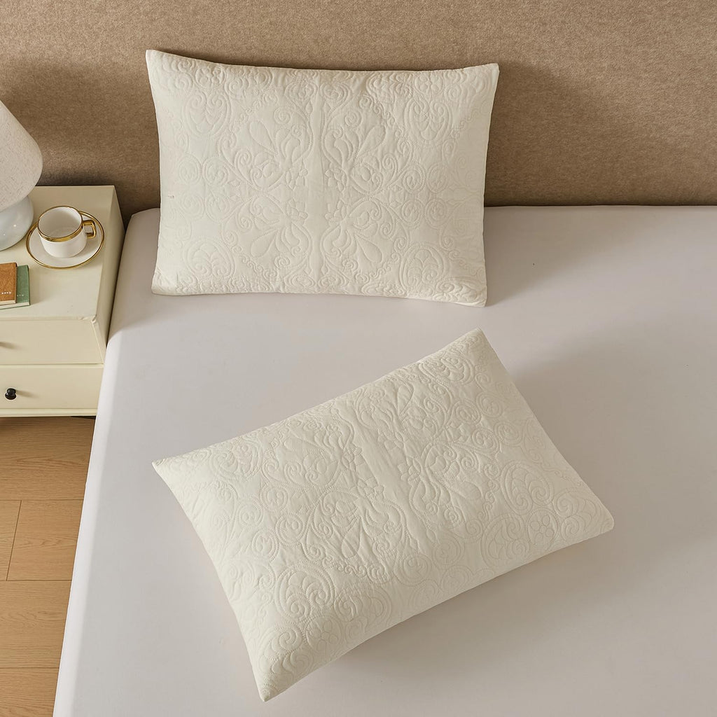 YINFUNG Quilted Pillow Shams Damask Medallion Ivory Standard Set of 2 Cream Embroidered Vintage Pillowcases Embossed Textured Cotton Pattern Bright White