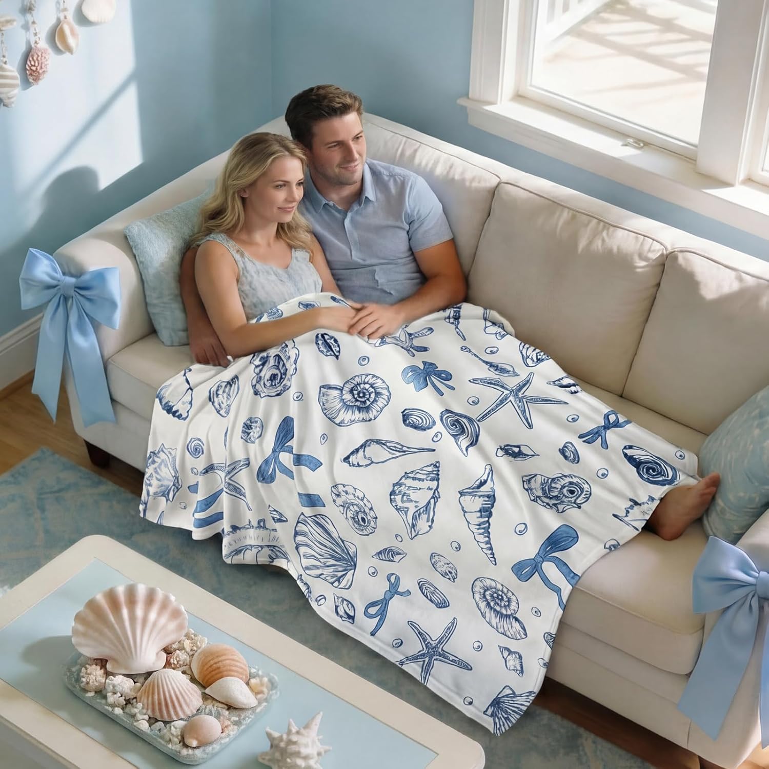 Breling Coastal Ocean Beach Throw Flannel Blanket Blue Seashells Cozy Fuzzy Warm Sea Ocean Throw Blanket Nautical Gift for Couch Sofa Bed Home Decor 60"x50"