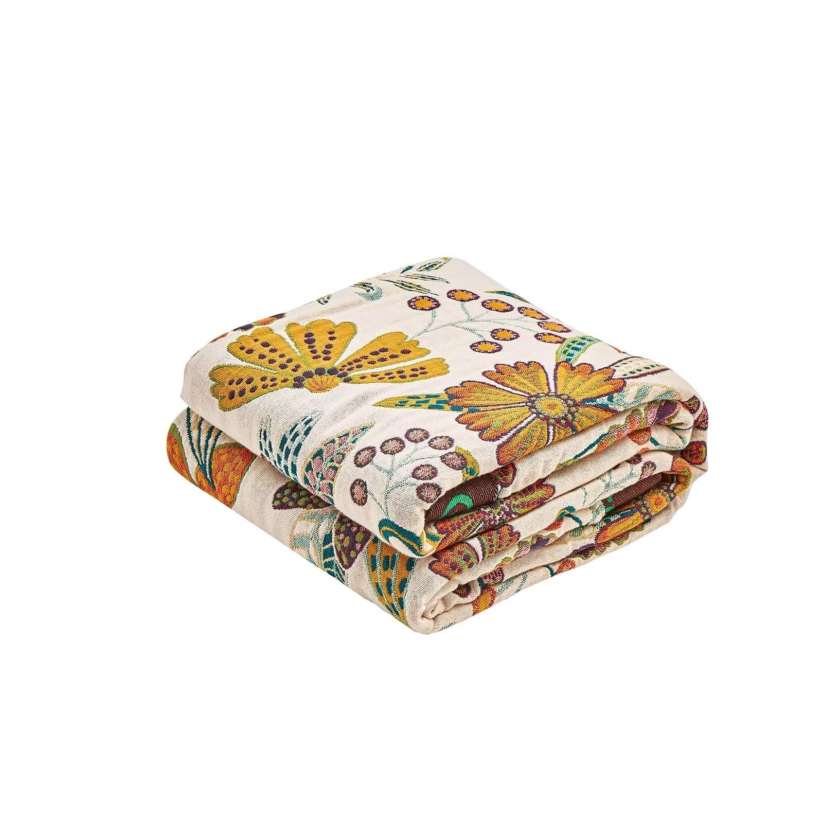 XIBLC Boho Throw Blanket, 100% Cotton Ultra Soft Luxury Throw Rustic Quilt, 50"x60" Floral Bird Butterfly Farmhouse Decor Bed Blankets, All Season Rustic Reversible Bohemian Throw for Bed - Yellow
