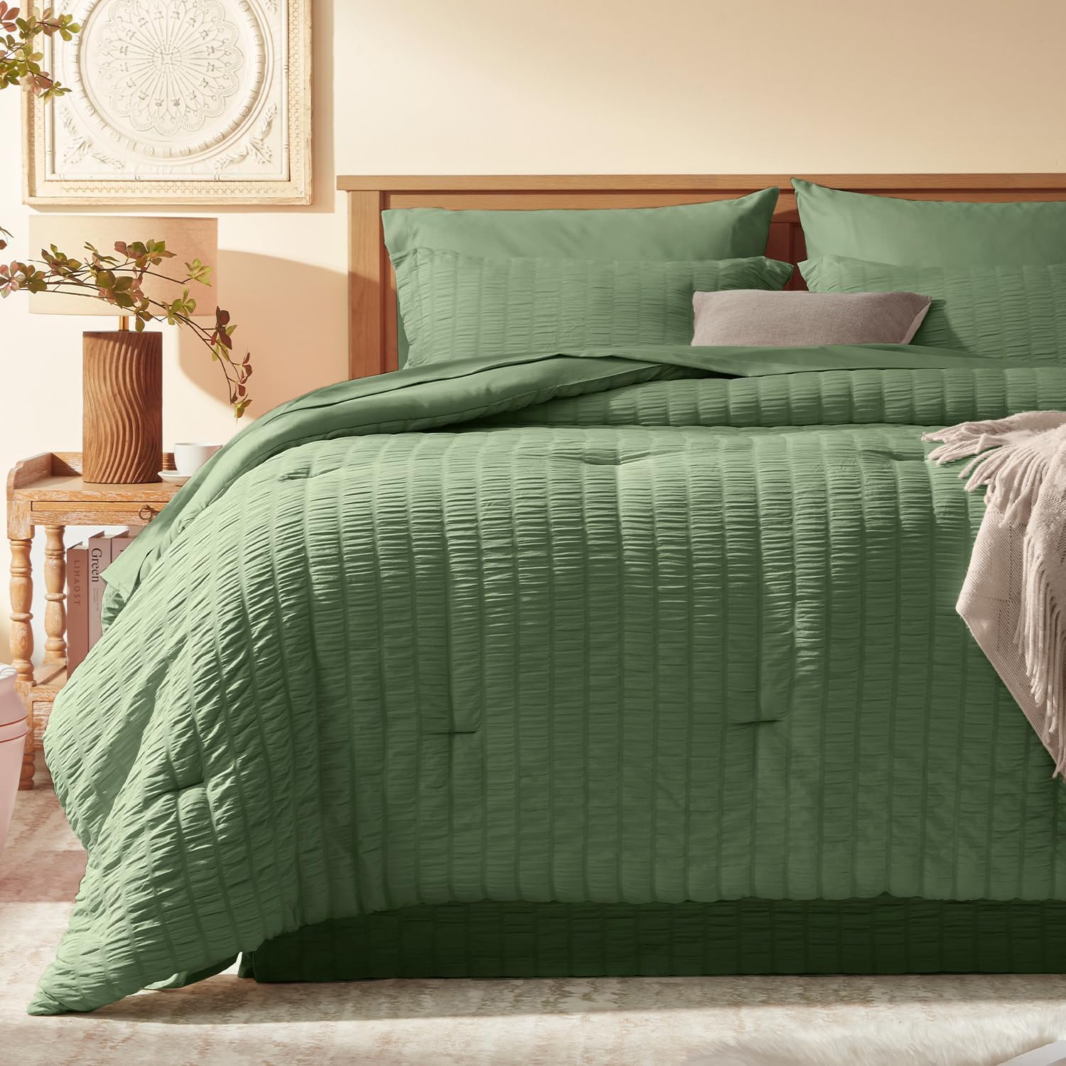 Laojin Balhen Full Size Comforter Set 8 Pieces, Seersucker Bed in a Bag Full, Dark Grey Comforter with Sheets, Comforters Full Size Bedding Sets with Comforter, Sheets, Pillowcase & Sham and Bed Skirt