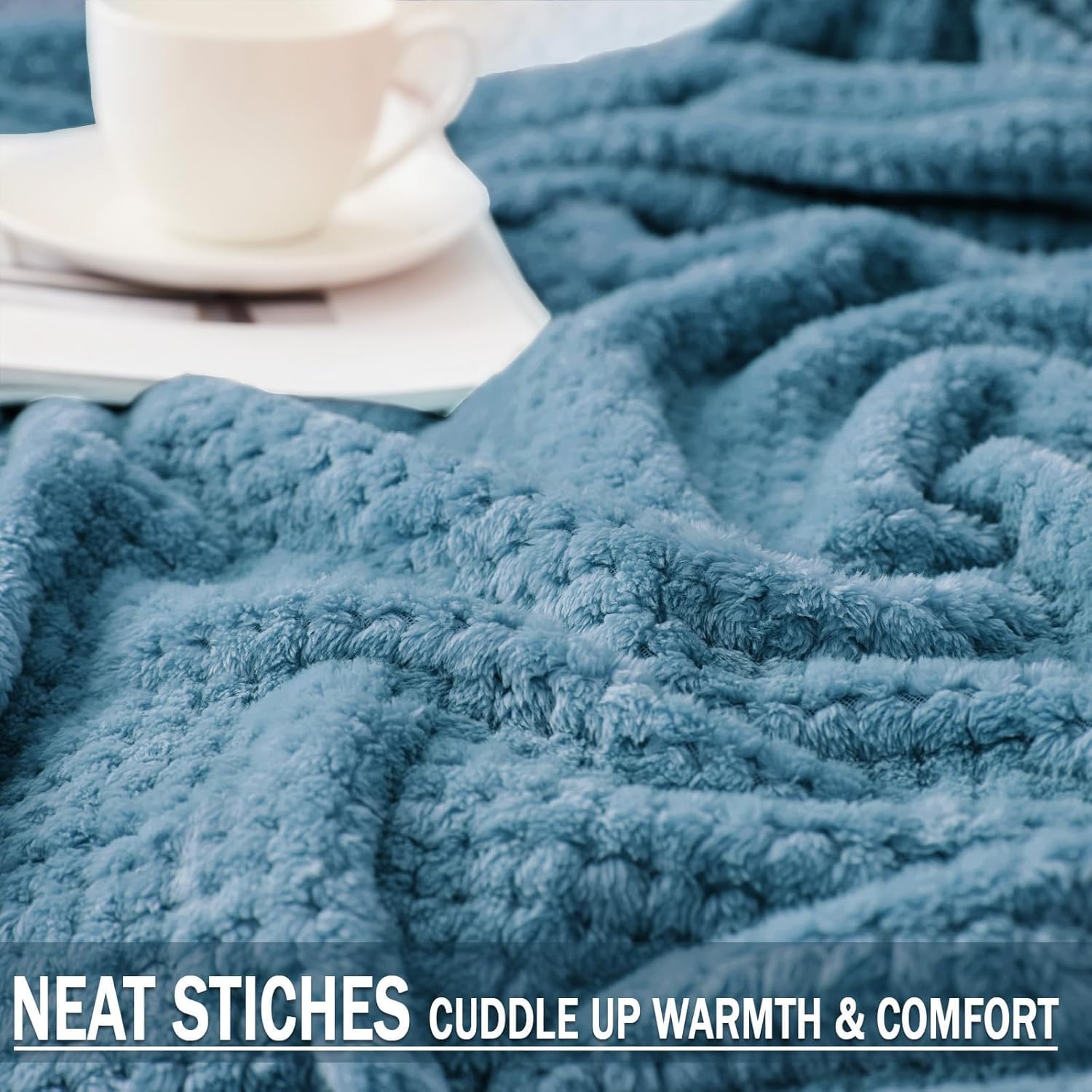 Exclusivo Mezcla Fleece Throw Blanket Extra Large, Super Soft and Warm Blankets for Couch, Sofa and Bed Waffle Textured, Cozy, Fuzzy and Lightweight (Slate Blue, 50x70 Inches)