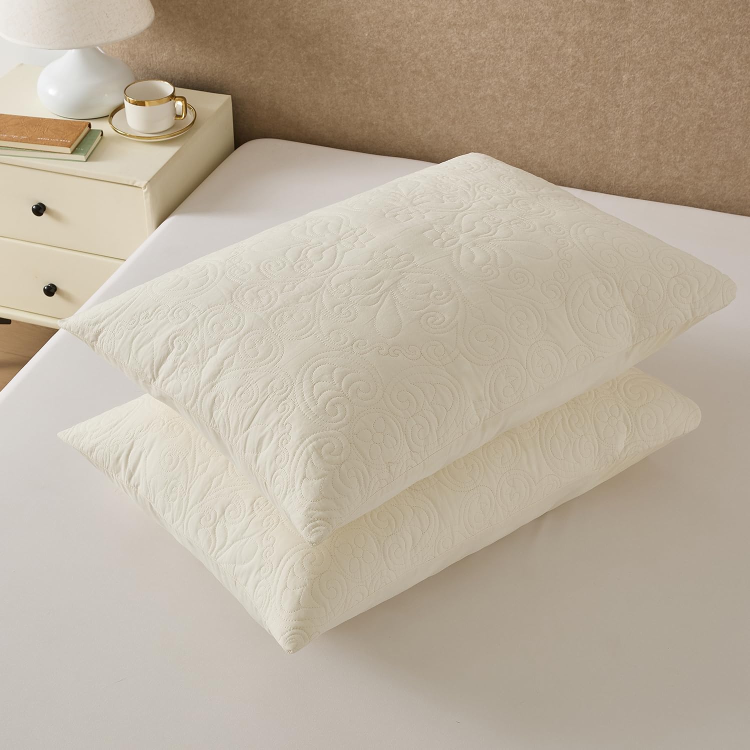 YINFUNG Quilted Pillow Shams Damask Medallion Ivory Standard Set of 2 Cream Embroidered Vintage Pillowcases Embossed Textured Cotton Pattern Bright White