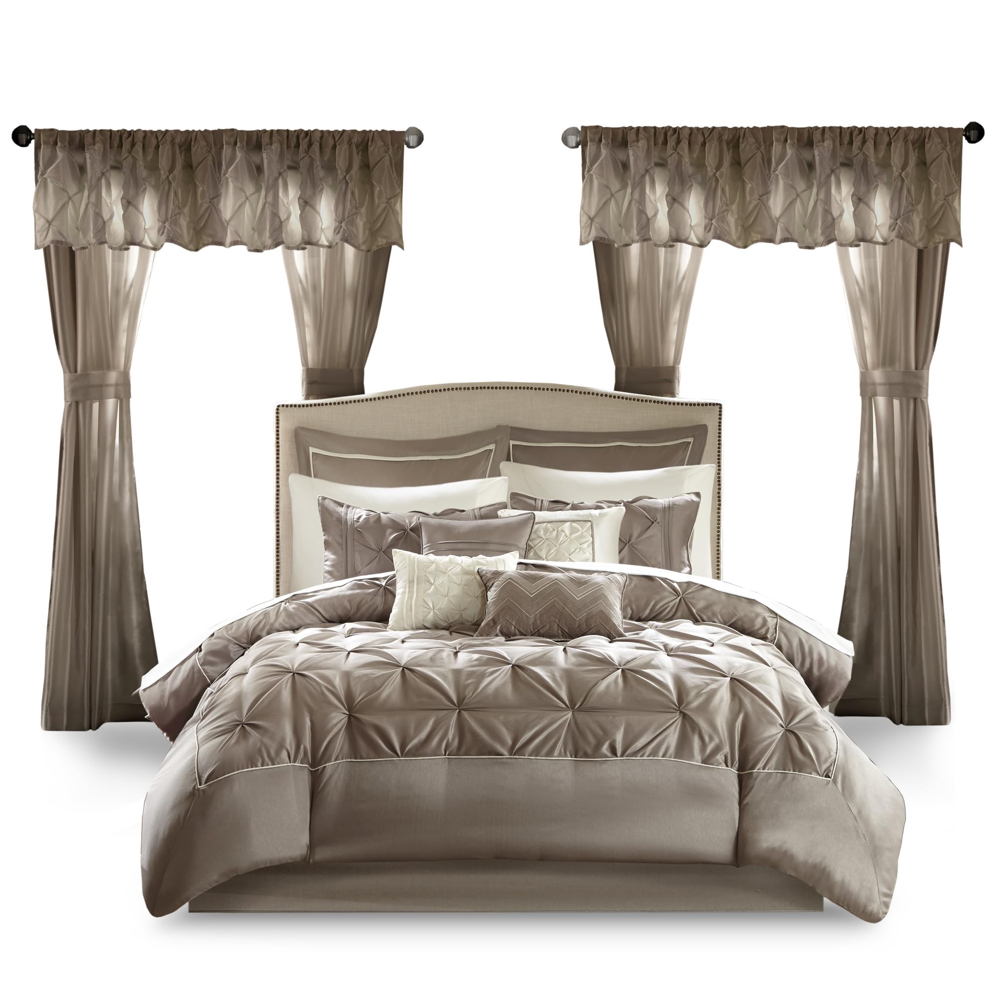 Madison Park Essentials Queen Comforter Set, 24 Piece Bedding With Matching Curtains, Decorative Pillows, Luxe Diamond Tufting , Room in a Bag Joella Collection, Plum Queen