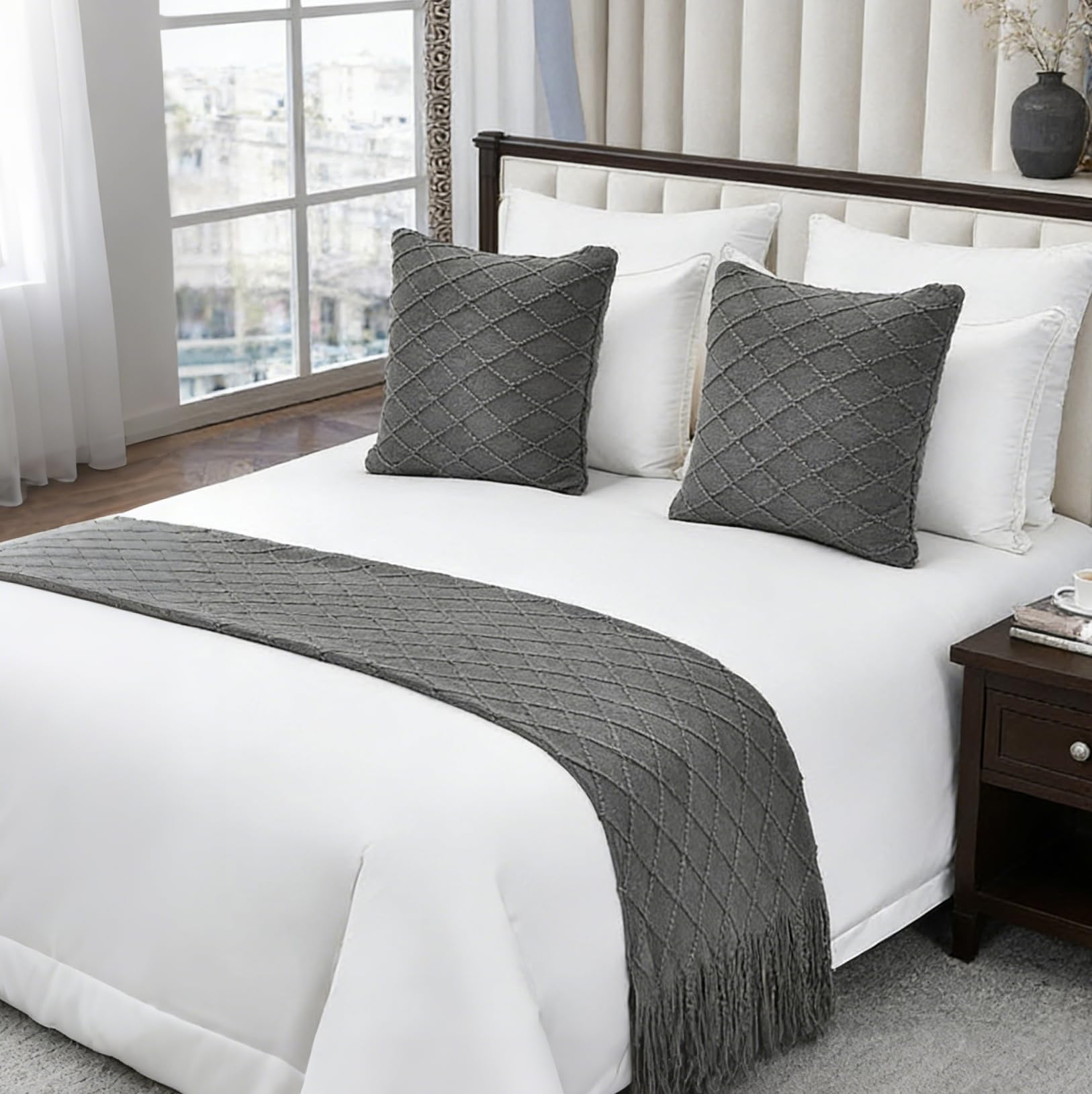 Geometry Bed Runners for King & Queen Size Bed Solid Beige Bed Scarf with Tassel Boho Knit Bed Runner Scarves Decorative for Bedroom Home Hotel (102 x 24 Inches, 1 Piece)