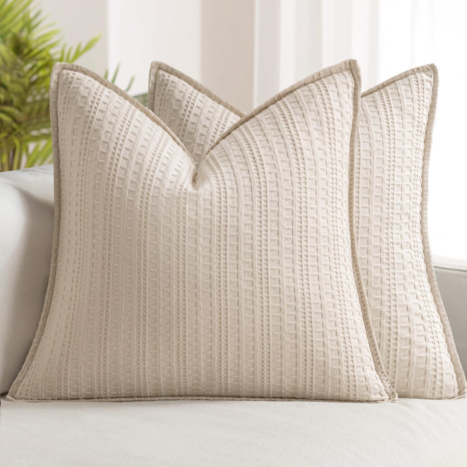100% Cotton Waffle Pillow Shams Standard Size, 2 Pack 20x26 Decorative Pillow Covers for Bed Couch Sofa, Neutral Weave Cushion Cases Modern Farmhouse Home Decor, Oatmeal