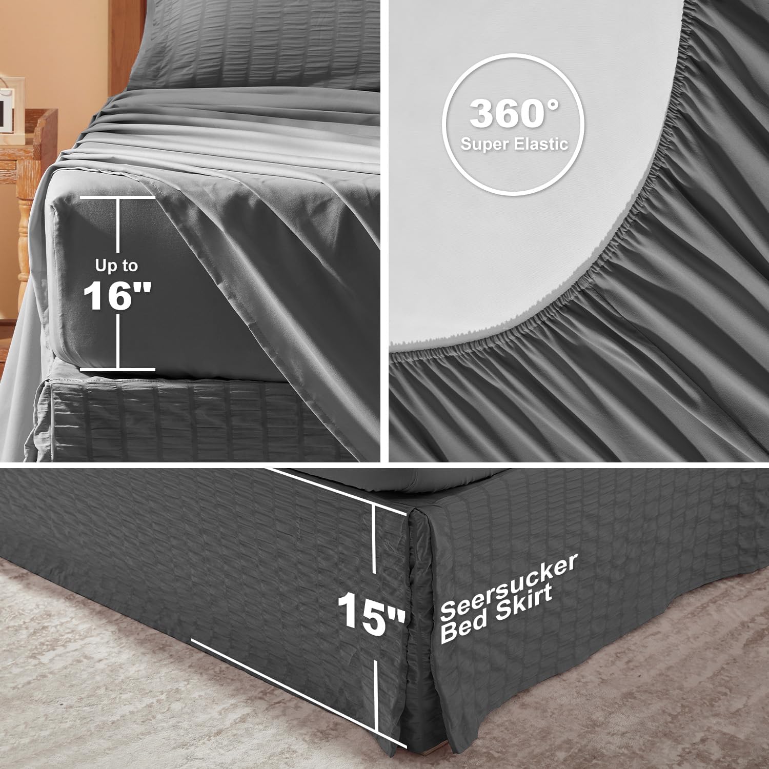 Laojin Balhen Full Size Comforter Set 8 Pieces, Seersucker Bed in a Bag Full, Dark Grey Comforter with Sheets, Comforters Full Size Bedding Sets with Comforter, Sheets, Pillowcase & Sham and Bed Skirt