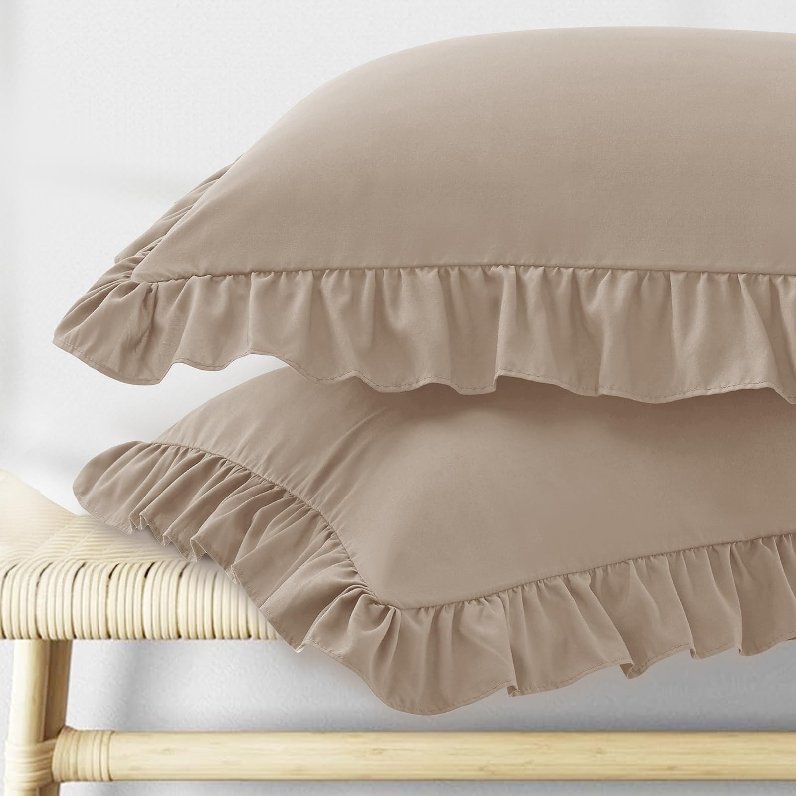 KKJIAF Ruffle Pillow Cases Standard Size Set of 2, Ruffled Pillow Covers with Envelope Closure, Wrinkle Resistant Pillowcases 20" x 26", Ruffled Pillow Shams, Olive Green