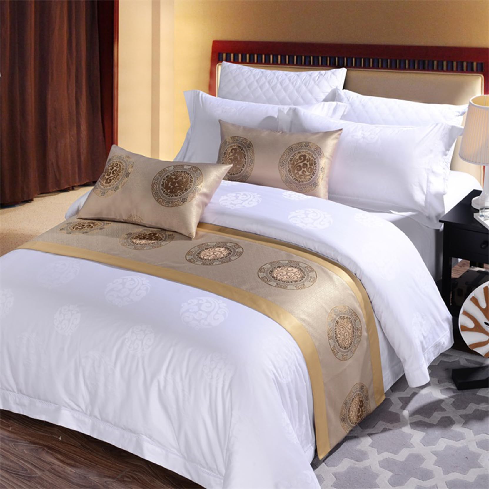 Chinese Style Bed Runner Scarf, Color Woven Jacquard Bedspreads Luxury Bedding Cover Decor for Hotel Wedding Room, Khaki Gold, 50 * 240cm for 1.8m Bed