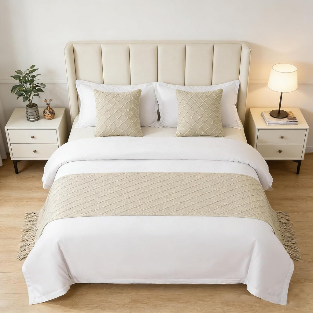 Geometry Bed Runners for King & Queen Size Bed Solid Beige Bed Scarf with Tassel Boho Knit Bed Runner Scarves Decorative for Bedroom Home Hotel (102 x 24 Inches, 1 Piece)