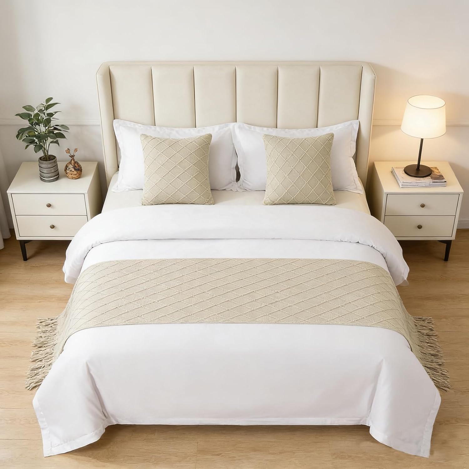 Geometry Bed Runners for King & Queen Size Bed Solid Beige Bed Scarf with Tassel Boho Knit Bed Runner Scarves Decorative for Bedroom Home Hotel (102 x 24 Inches, 1 Piece)