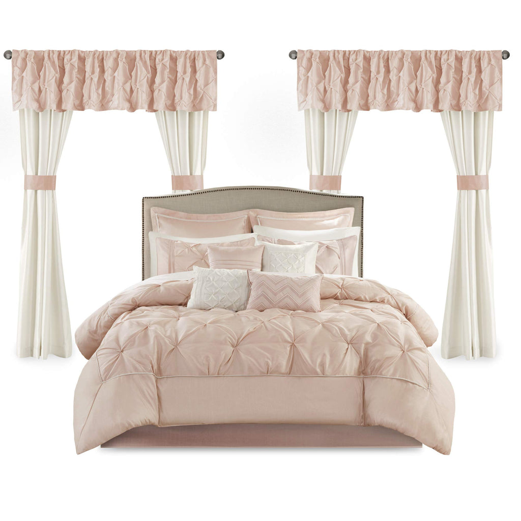 Madison Park Essentials Queen Comforter Set, 24 Piece Bedding With Matching Curtains, Decorative Pillows, Luxe Diamond Tufting , Room in a Bag Joella Collection, Plum Queen