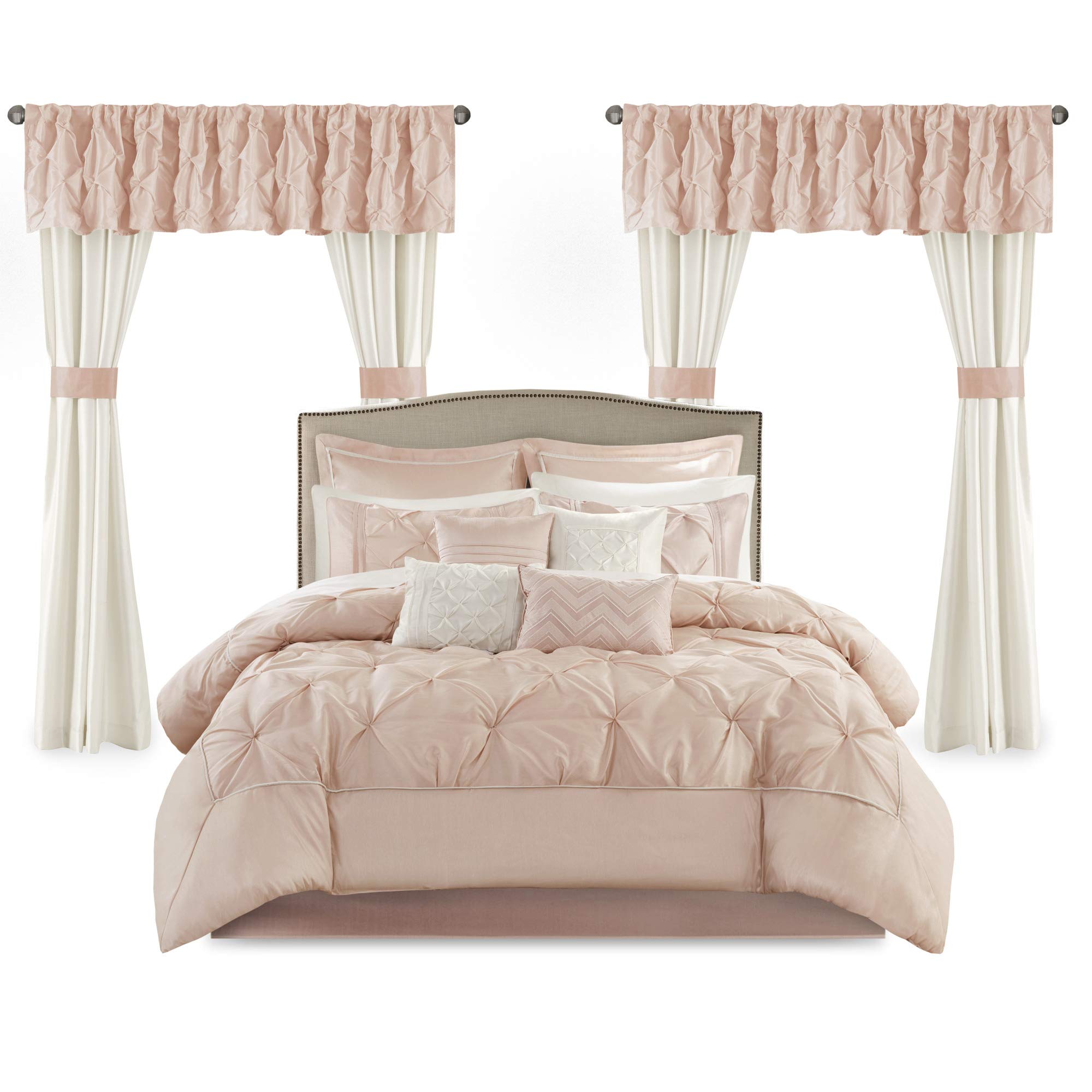 Madison Park Essentials Queen Comforter Set, 24 Piece Bedding With Matching Curtains, Decorative Pillows, Luxe Diamond Tufting , Room in a Bag Joella Collection, Plum Queen