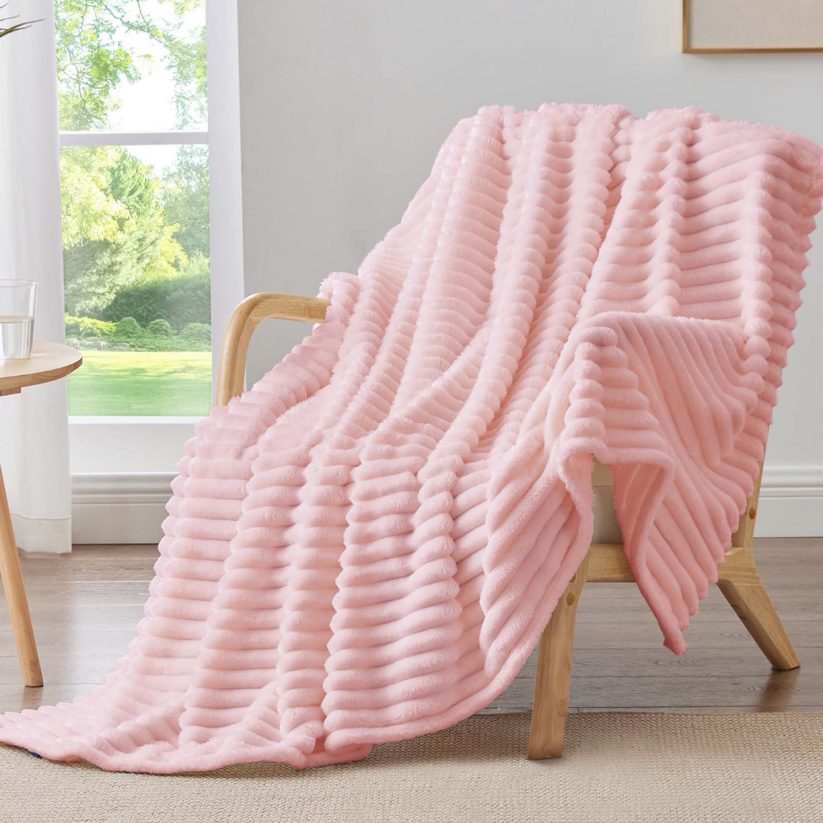 BEDELITE Fleece Throw Blanket for Couch - 300GSM Soft & Warm Fluffy Cream White Blanket, Decorative and Giftable Striped Blankets for Women, Men, 50"x60"