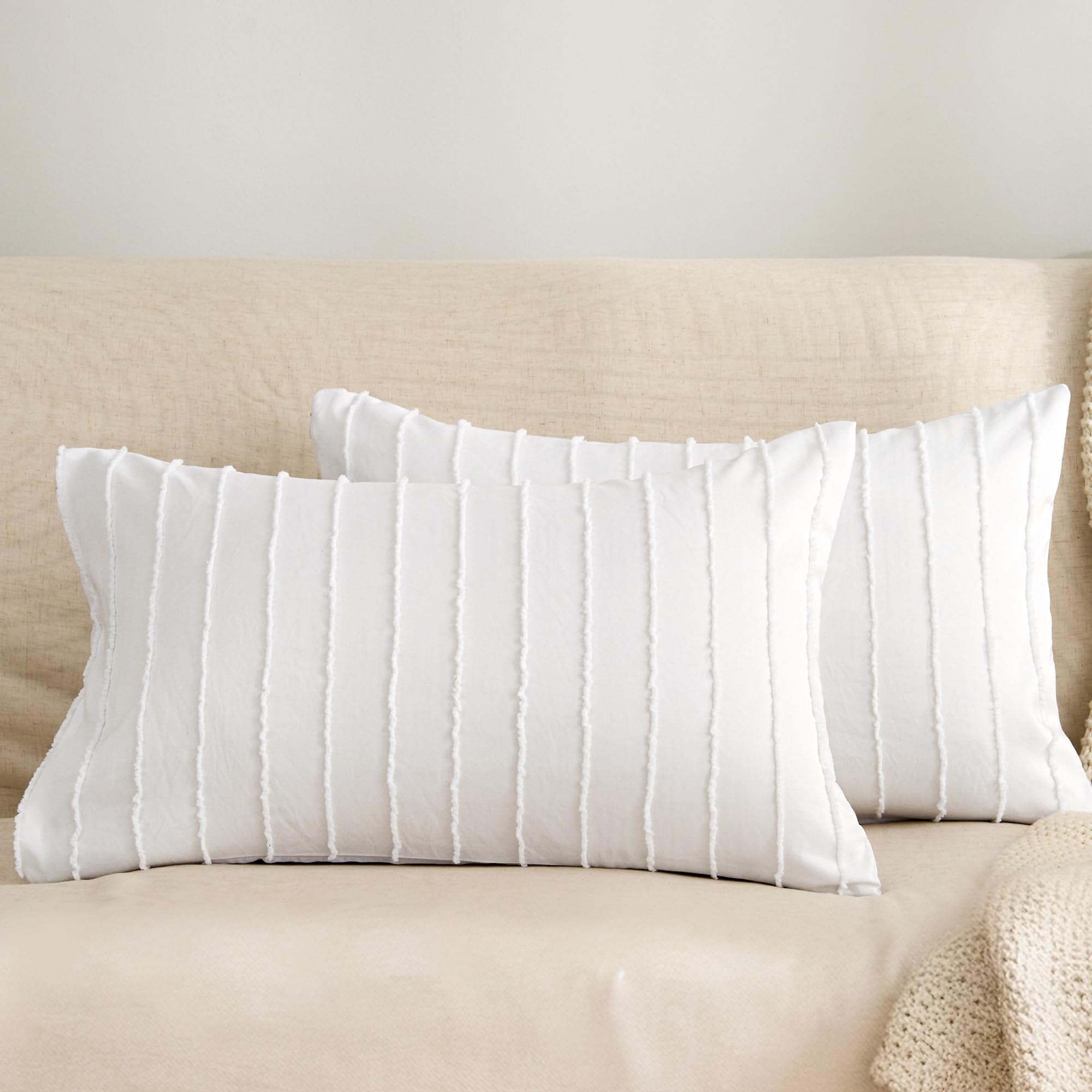 JELLYMONI 2 Pack White Pillowcases Standard Size, Soft Microfiber Striped Tufted Pillow Covers with Envelope Closure (Pillows are not Included)