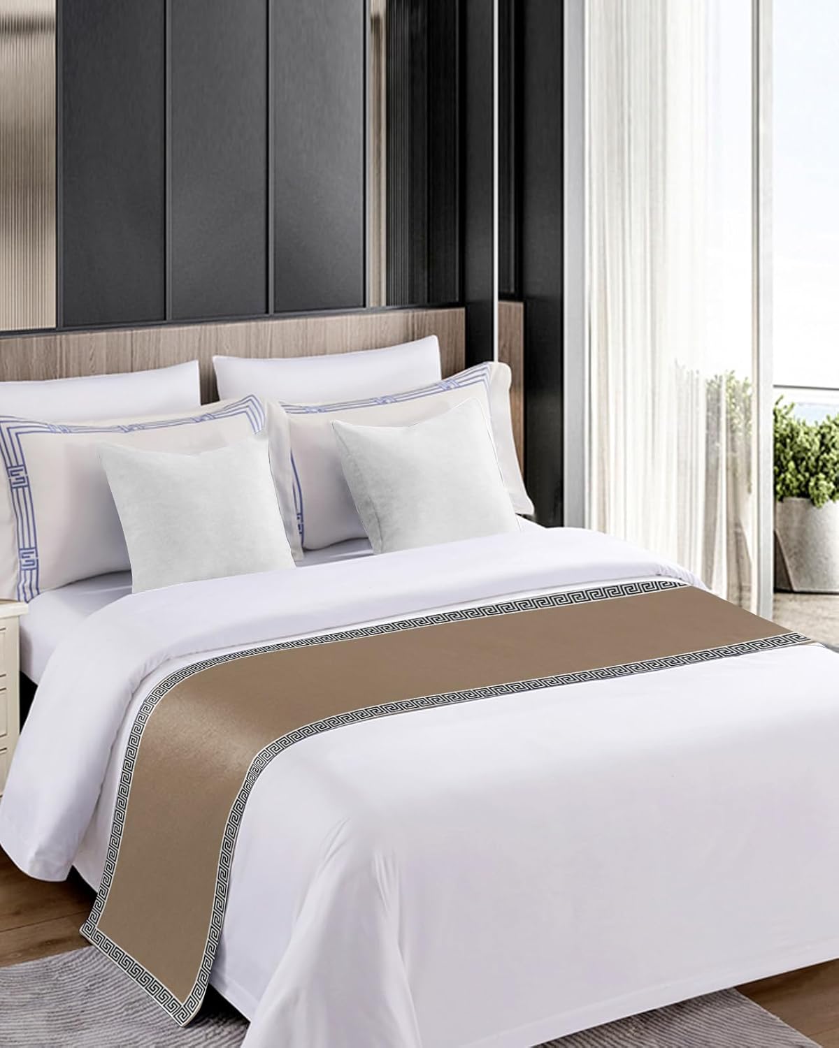 Yukro Bed Runner Scarf, Chinese Style Pattern Brown Background King Bed Scarf Runner, No Fading Decorative Bedding Scarf for Bedroom Hotels Homes and Guestrooms