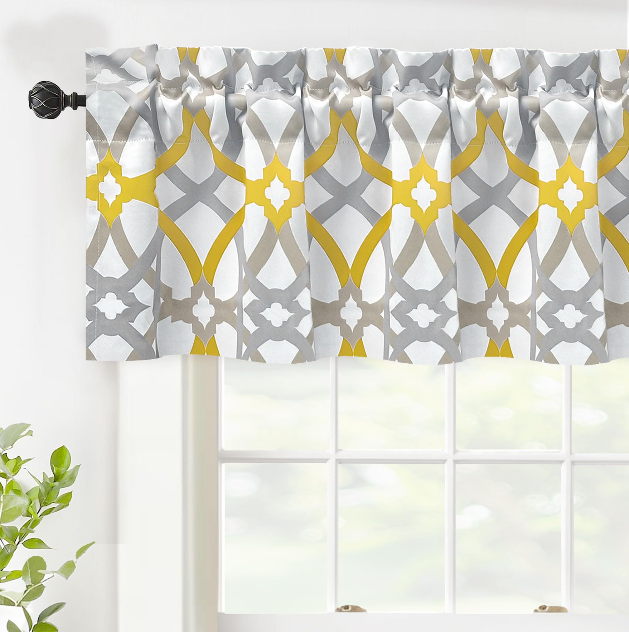 DriftAway Alexander Blackout Valances for Windows Thermal Insulated Kitchen Topper Geometric Moroccan Mid Century Pattern Match Thick Bathroom Curtain Valance Rod Pocket 52 Inch by 18 Inch Yellow/Gray