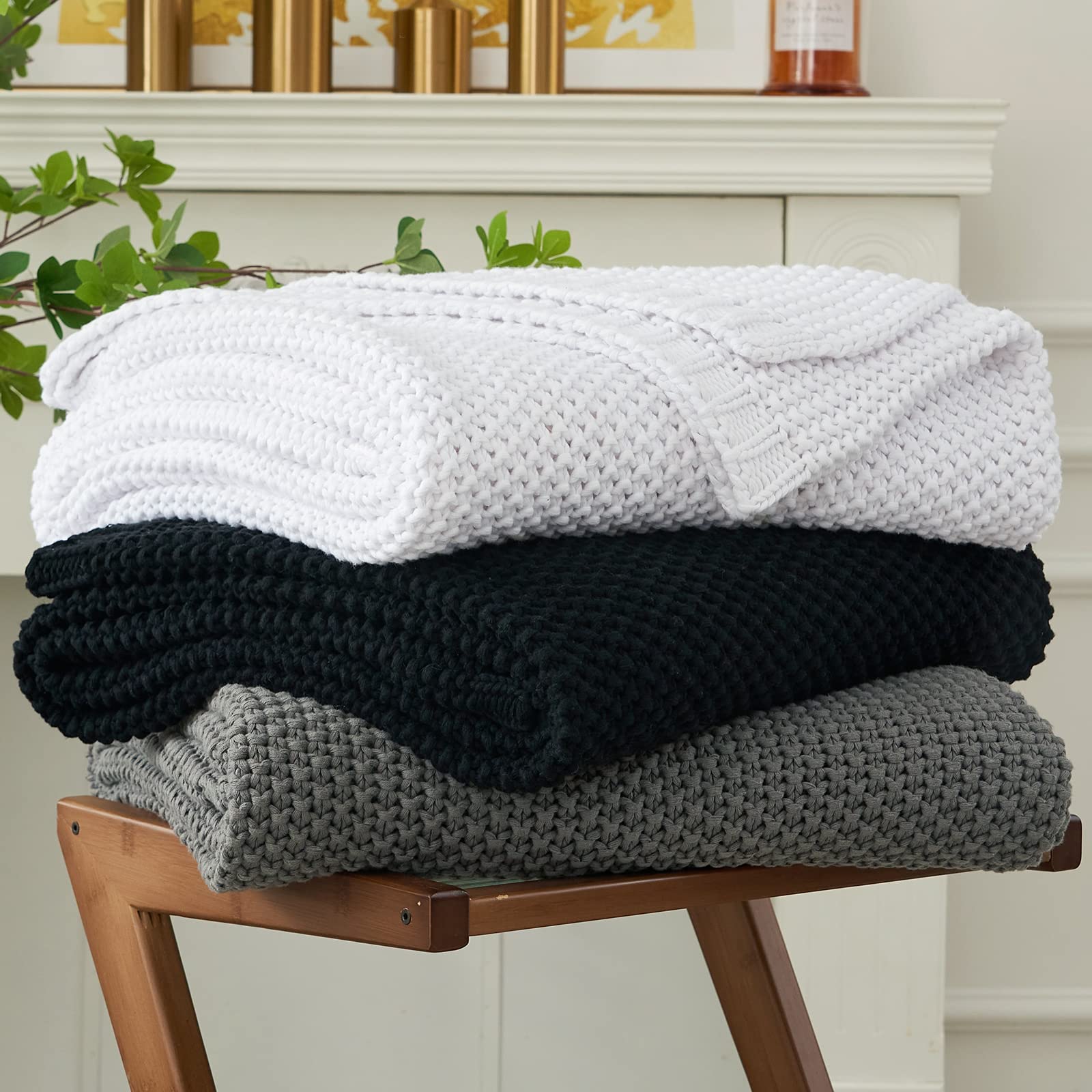 Longhui bedding Chunky Cable Knit Throw Blanket Lightweight Olive Green 100% Organic Cotton Blanket for Sofa Couch Bed Baby Nursery, Rustic Shabby Chic Modern Farmhouse, 51” x 63” Give Laundering Bag