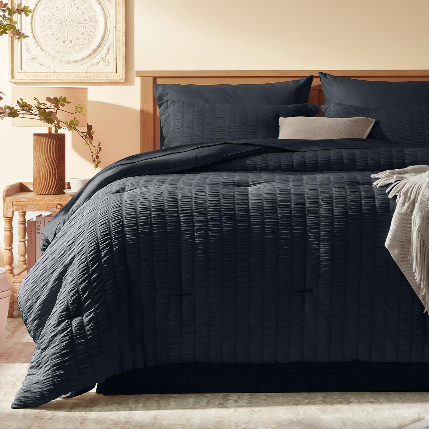 Laojin Balhen Full Size Comforter Set 8 Pieces, Seersucker Bed in a Bag Full, Dark Grey Comforter with Sheets, Comforters Full Size Bedding Sets with Comforter, Sheets, Pillowcase & Sham and Bed Skirt