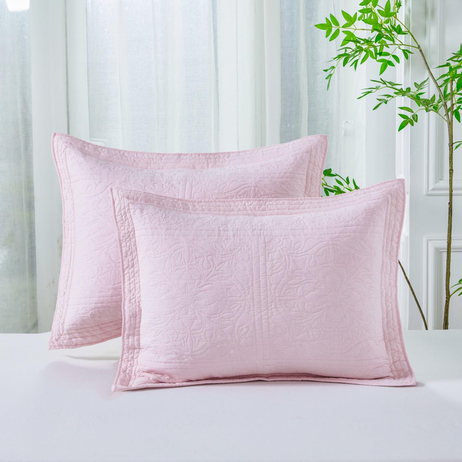 WINLIFE 100% Cotton Quilted Pillow Sham Floral Printed Pillow Cover (Standard, Dusty Pink)