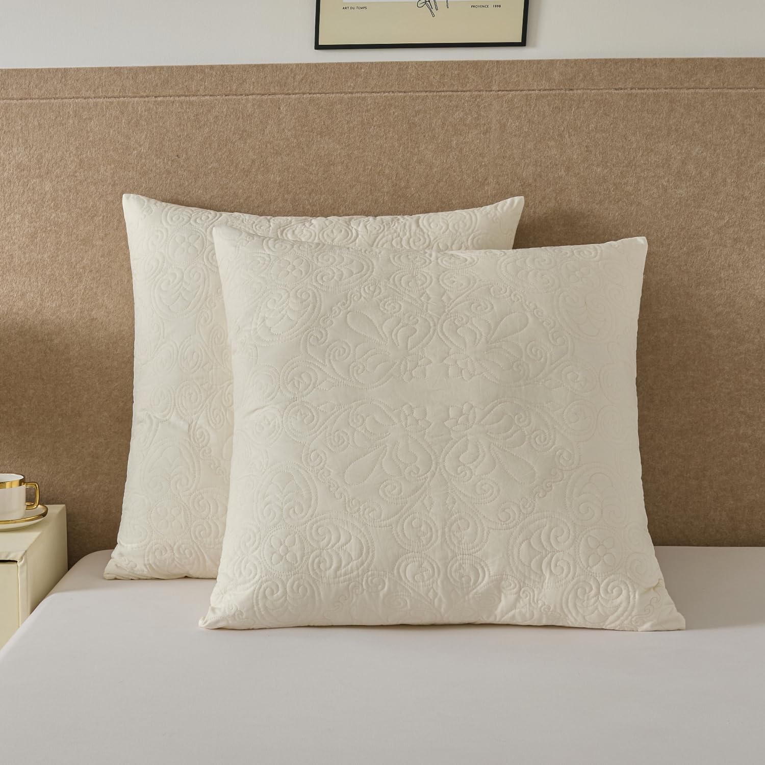 YINFUNG Quilted Pillow Shams Damask Medallion Ivory Standard Set of 2 Cream Embroidered Vintage Pillowcases Embossed Textured Cotton Pattern Bright White