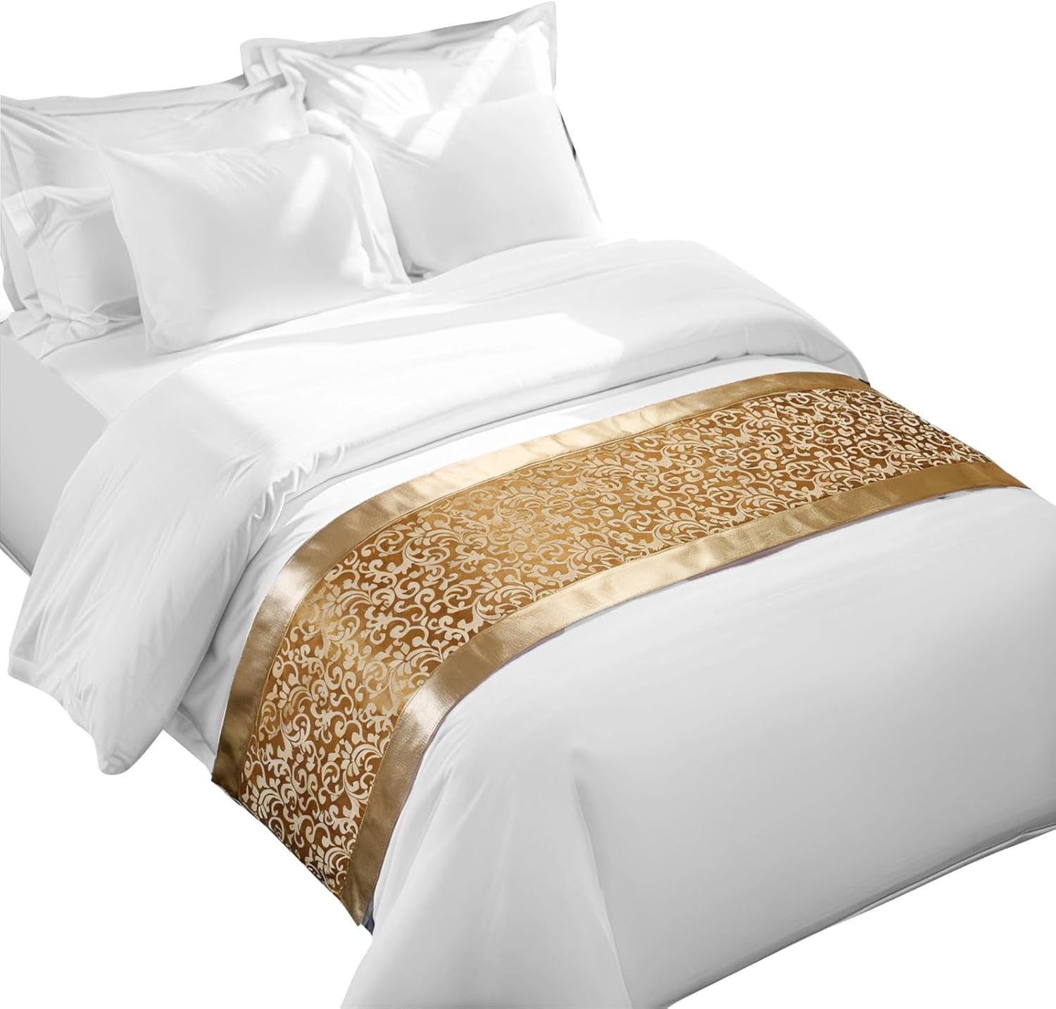 Queen Size Bed Runner, Gold Embroidered Polyester Scarf with Silk Feel, Reinforced Edges, Elegant Accent, 19.7 × 82.7