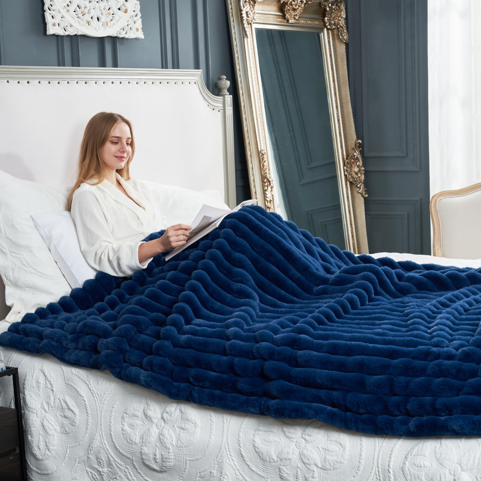 Cozy Bliss Faux Fur Throw Blanket for Couch, Cozy Warm Plush Striped Blanket for Sofa Bedroom Living Room, 50 * 60 Inches Hot Pink