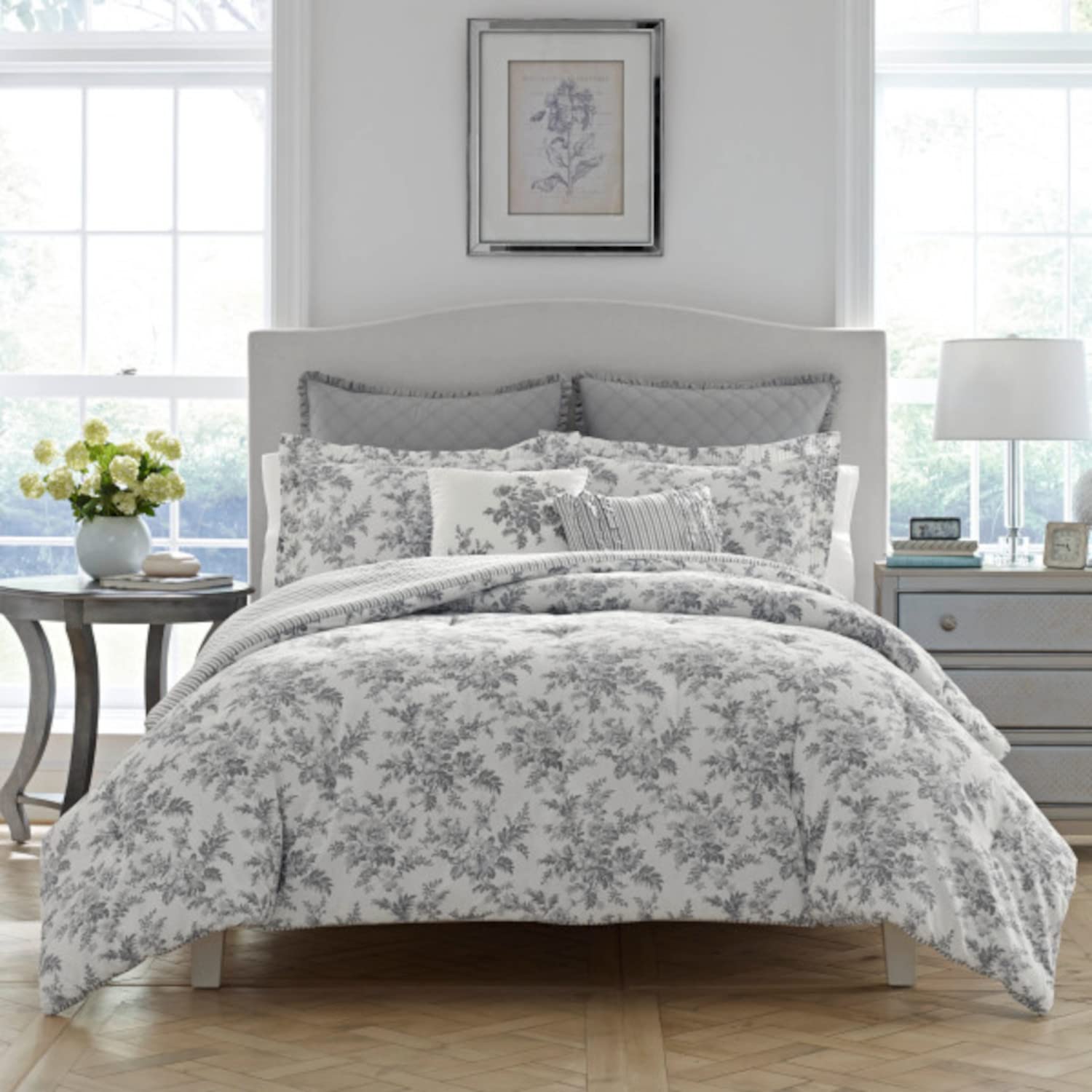 Laura Ashley- King Comforter Set, Cotton Reversible Bedding Set, Includes Matching Shams with Bonus Euro Shams & Throw Pillow Covers (Branch Toile Blue, King)