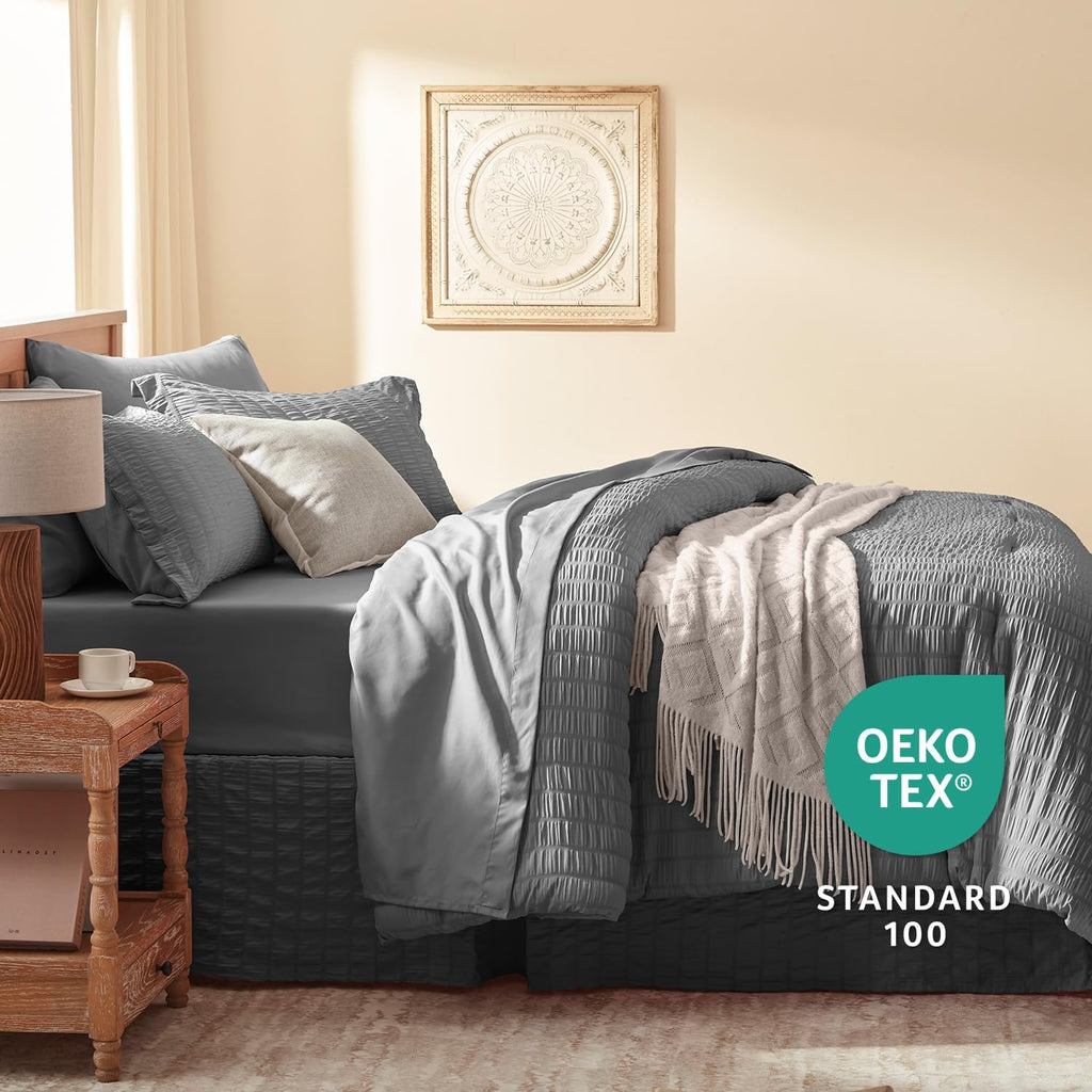 Laojin Balhen Full Size Comforter Set 8 Pieces, Seersucker Bed in a Bag Full, Dark Grey Comforter with Sheets, Comforters Full Size Bedding Sets with Comforter, Sheets, Pillowcase & Sham and Bed Skirt