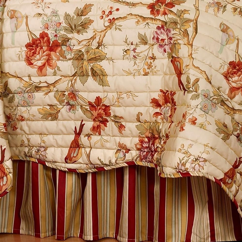 Waverly Charleston Chirp 4 Piece Quilt Set - 100% Cotton Light Weight Bedding with Bed Skirt & 2 Pillow Shams - Full/Queen Papaya
