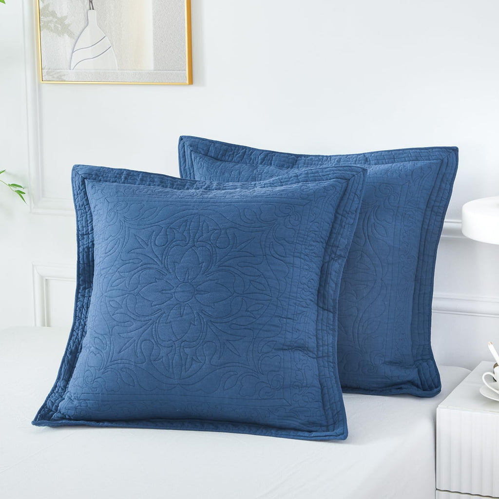 WINLIFE 100% Cotton Quilted Euro Sham Covers, 2 Pack Cotton 26'' x 26'' Pillow Covers, Soft and Breathable Euro Shams, Square Pillow Shams, Navy Blue