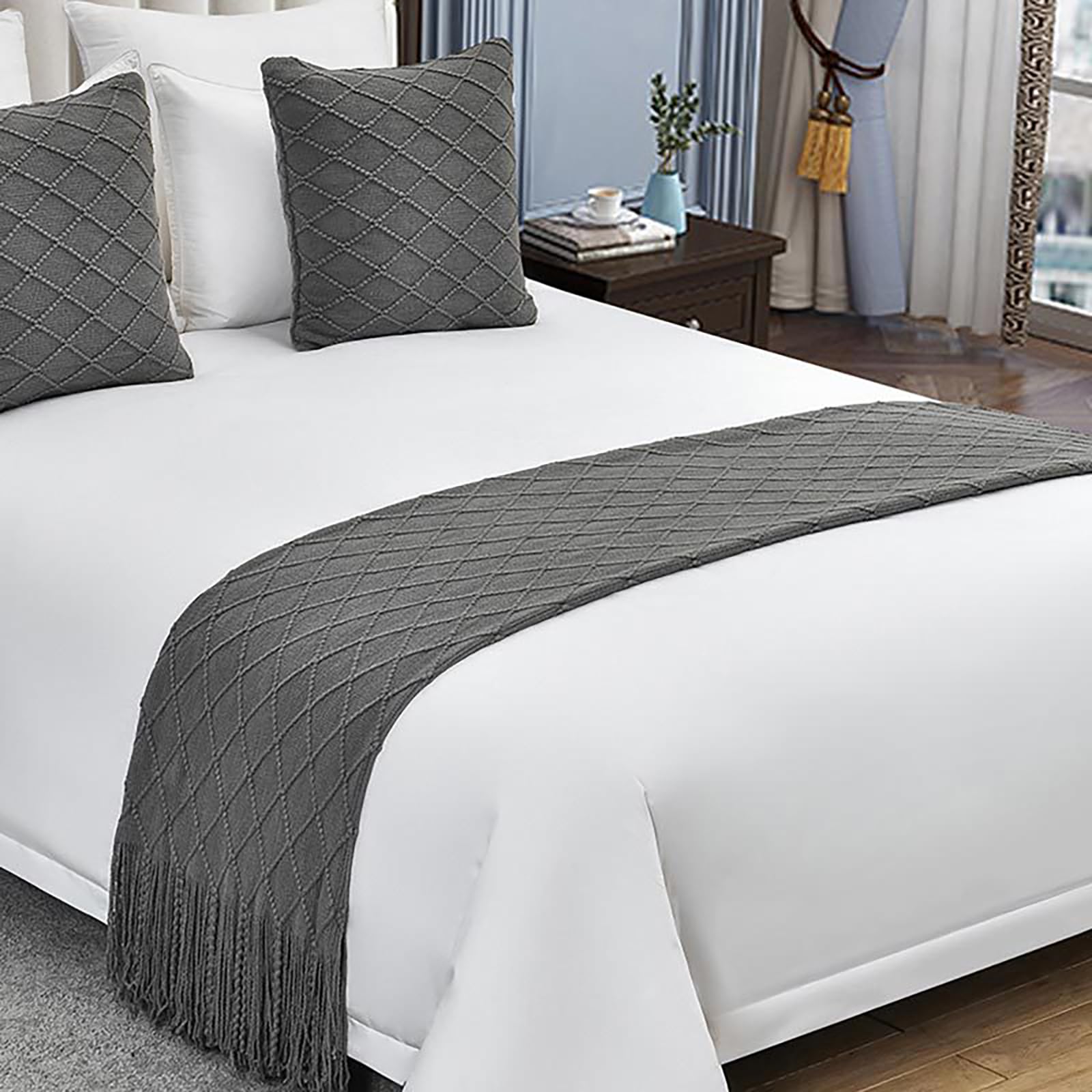 Geometry Bed Runners for King & Queen Size Bed Solid Beige Bed Scarf with Tassel Boho Knit Bed Runner Scarves Decorative for Bedroom Home Hotel (102 x 24 Inches, 1 Piece)