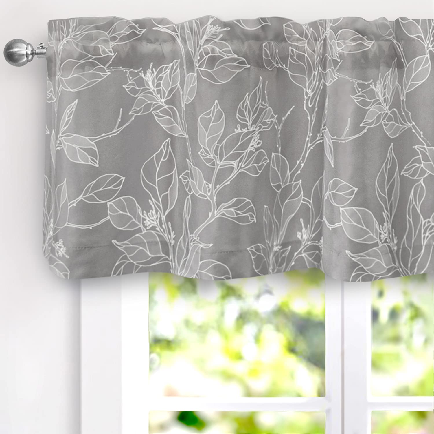 DriftAway Ryan Sketch Flower Floral Branch Leaves Lined Thermal Insulated Window Curtain Valance Rod Pocket 52 Inch by 18 Inch Plus 2 Inch Header Yellow Gray