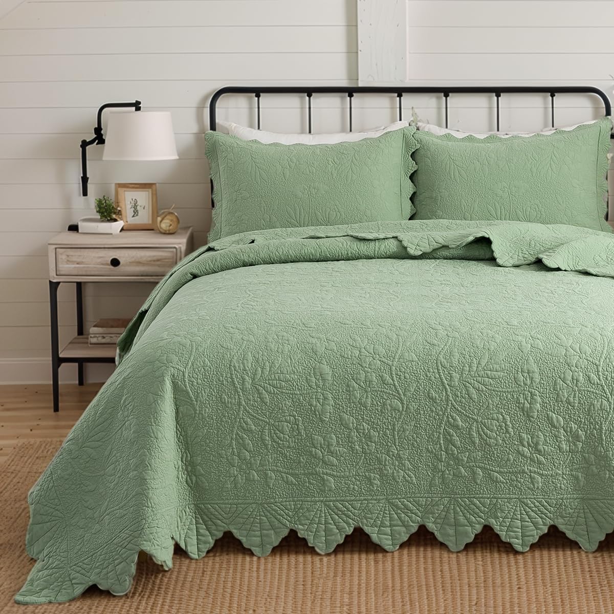 Brandream Standard Size Quilted Pillow Shams Cotton Set of 2 Sage Green Farmhouse Scallop Edge Decorative Pillow Covers