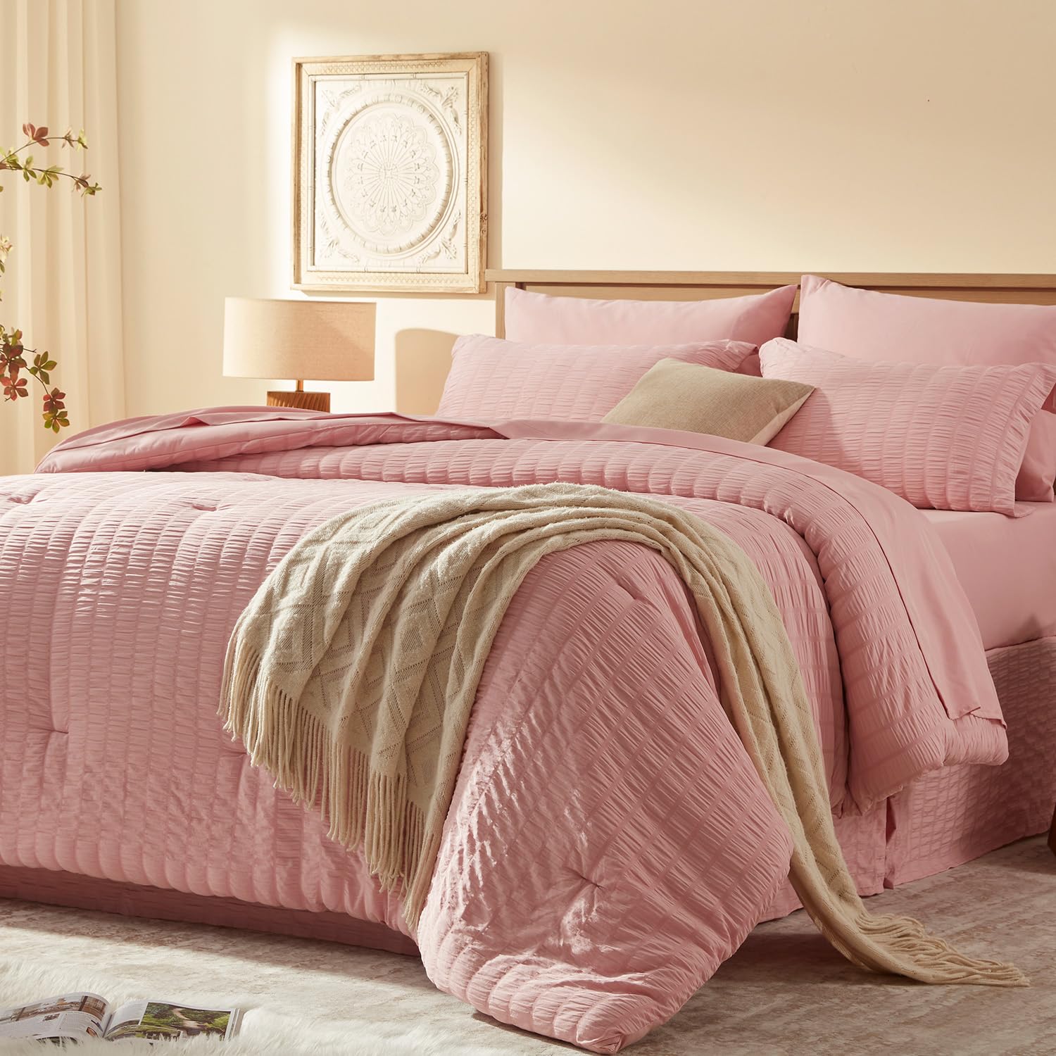 Laojin Balhen Full Size Comforter Set 8 Pieces, Seersucker Bed in a Bag Full, Dark Grey Comforter with Sheets, Comforters Full Size Bedding Sets with Comforter, Sheets, Pillowcase & Sham and Bed Skirt