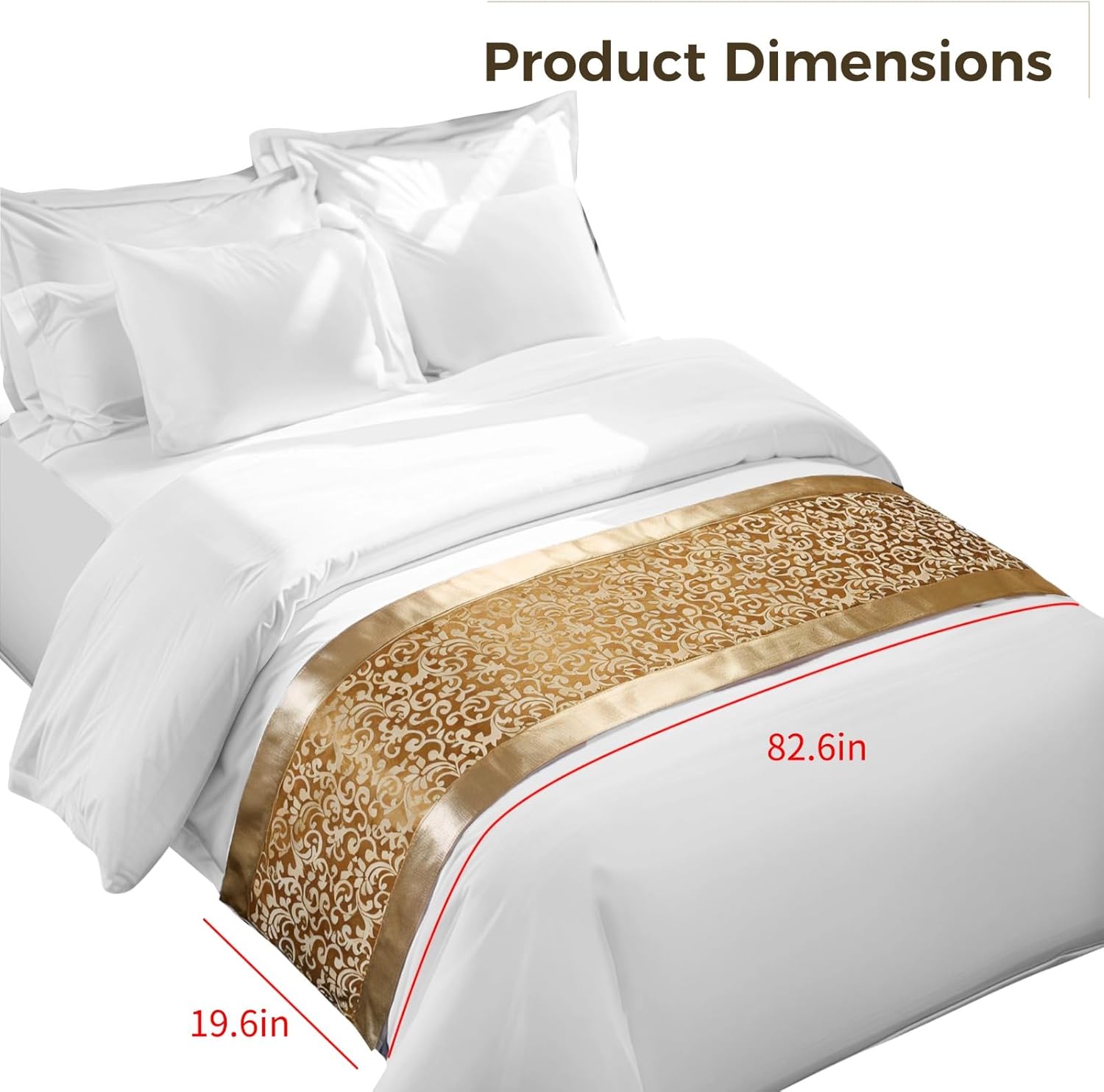 Queen Size Bed Runner, Gold Embroidered Polyester Scarf with Silk Feel, Reinforced Edges, Elegant Accent, 19.7 × 82.7