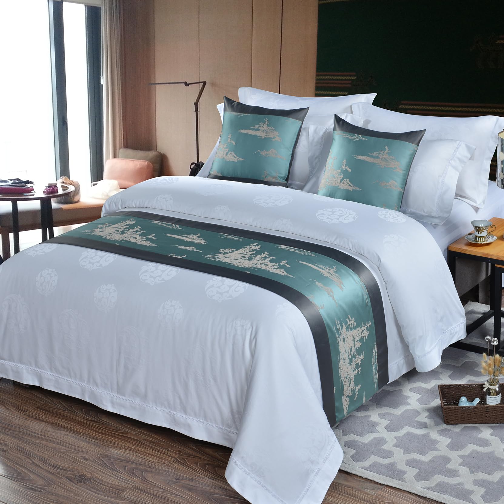 Chinese Style Bed Runner Scarf, Color Woven Jacquard Bedspreads Luxury Bedding Cover Decor for Hotel Wedding Room, Khaki Gold, 50 * 240cm for 1.8m Bed