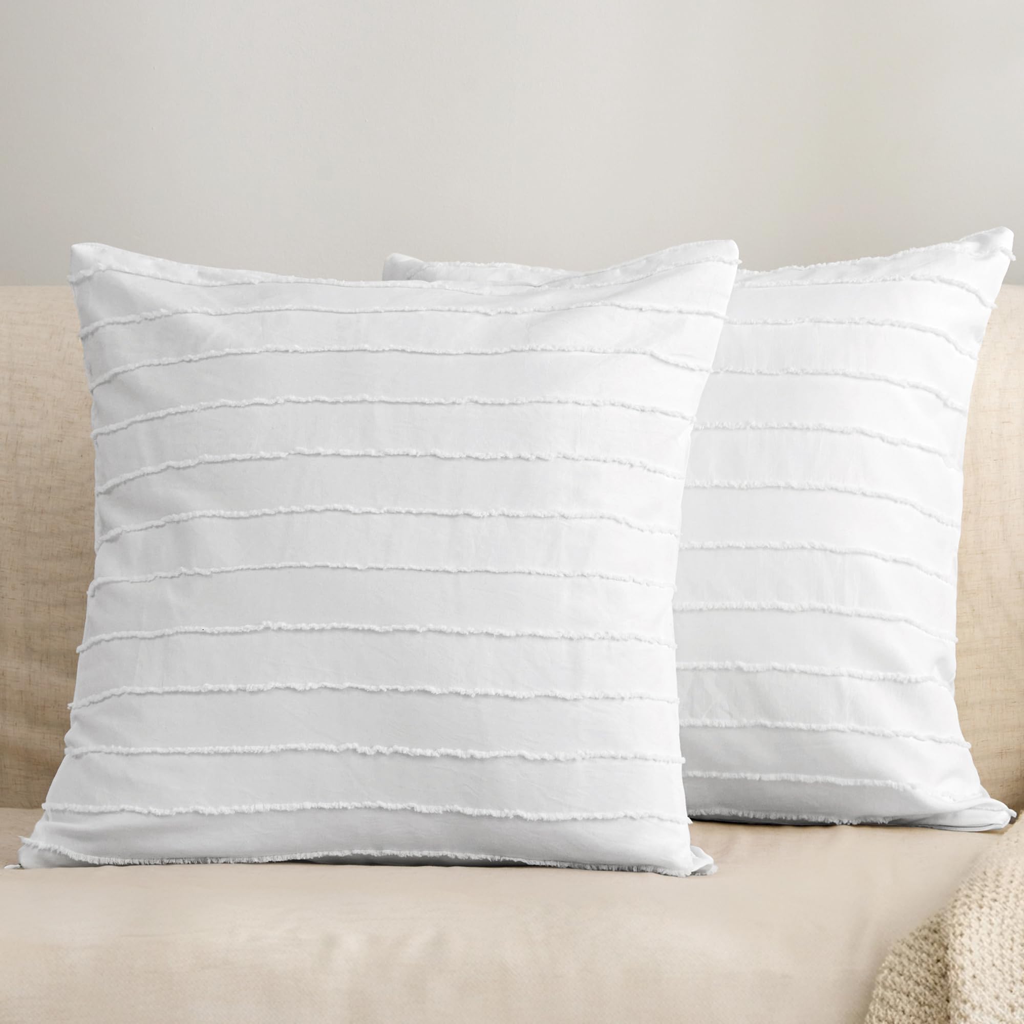 JELLYMONI 2 Pack White Pillowcases Standard Size, Soft Microfiber Striped Tufted Pillow Covers with Envelope Closure (Pillows are not Included)