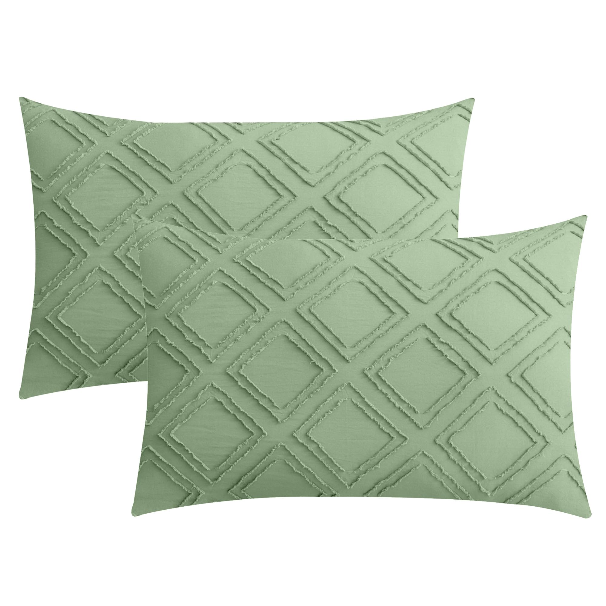 JELLYMONI Pillowcases Standard Size Green 2 Pack Boho Plaid Bed Pillow Covers 20x26in Polyester Envelope Pillow Shams Tufted Bohemian Textured (Pillows are not Included)