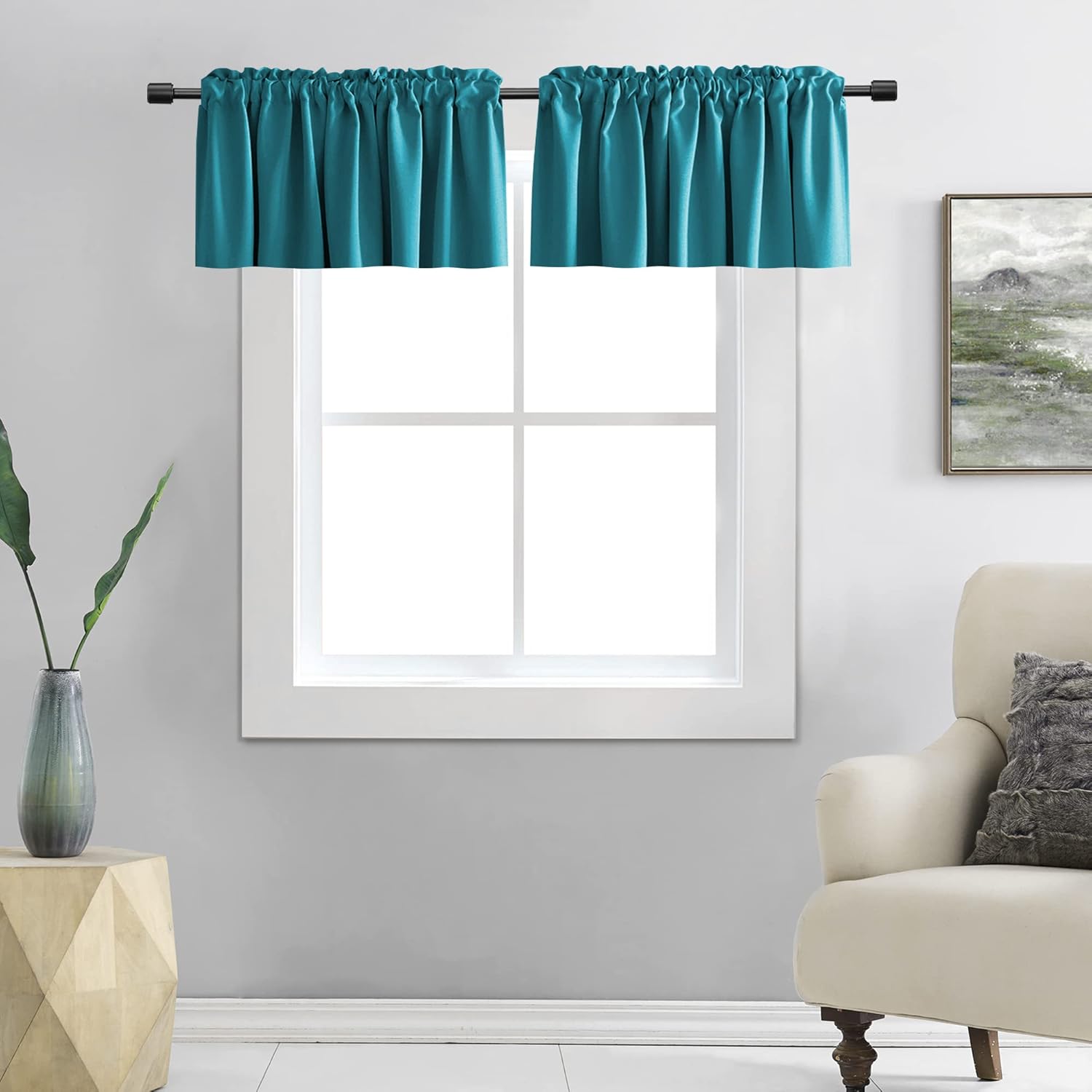 DONREN Teal Valances for Windows - Kitchen Valances for Small Window with Rod Pocket (2 Panels,42 by 18 Inch)