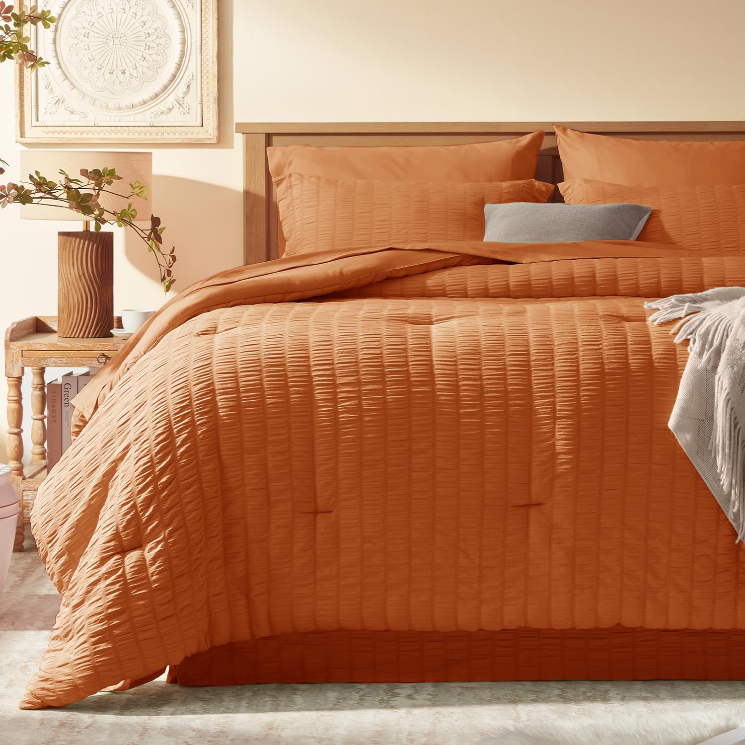Laojin Balhen Full Size Comforter Set 8 Pieces, Seersucker Bed in a Bag Full, Dark Grey Comforter with Sheets, Comforters Full Size Bedding Sets with Comforter, Sheets, Pillowcase & Sham and Bed Skirt