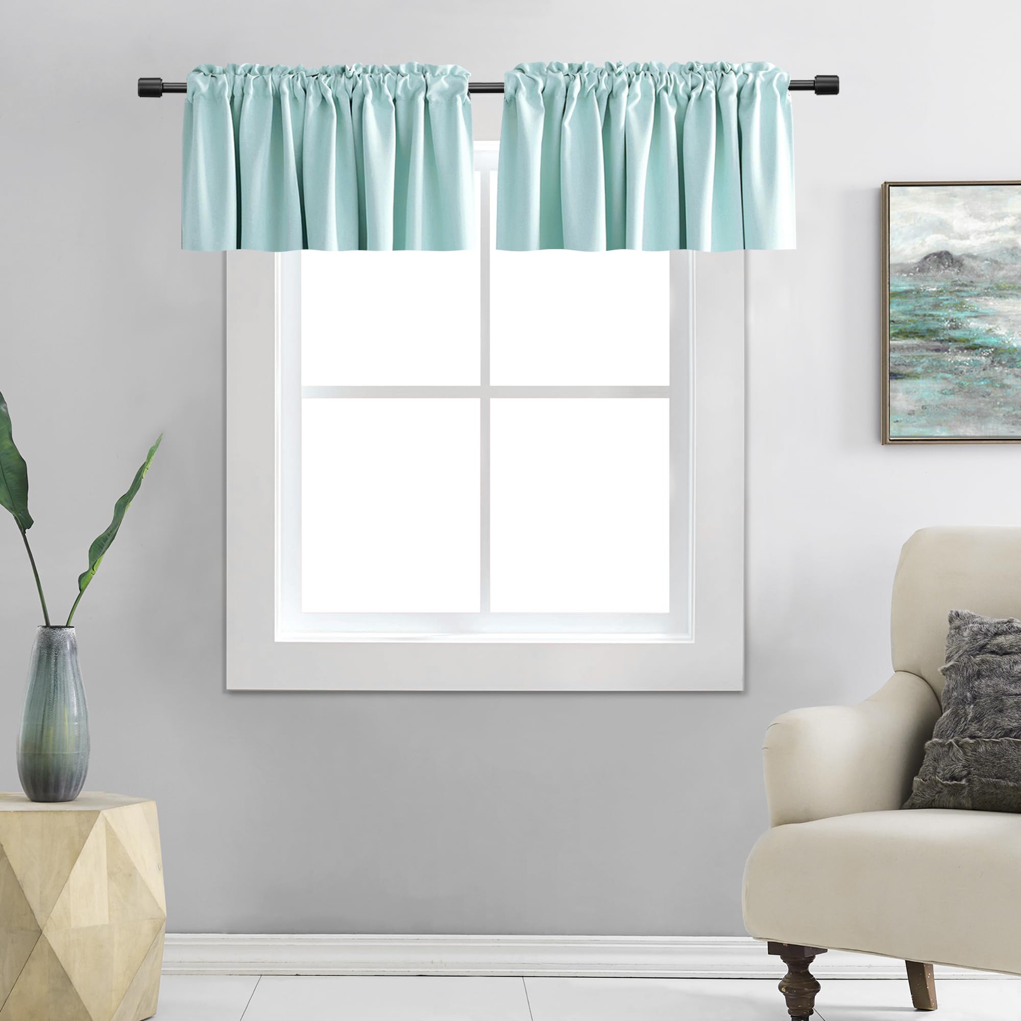 DONREN Teal Valances for Windows - Kitchen Valances for Small Window with Rod Pocket (2 Panels,42 by 18 Inch)