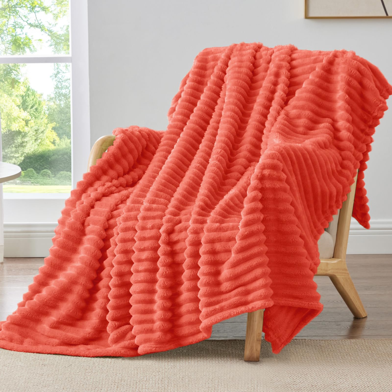 BEDELITE Fleece Throw Blanket for Couch - 300GSM Soft & Warm Fluffy Cream White Blanket, Decorative and Giftable Striped Blankets for Women, Men, 50"x60"