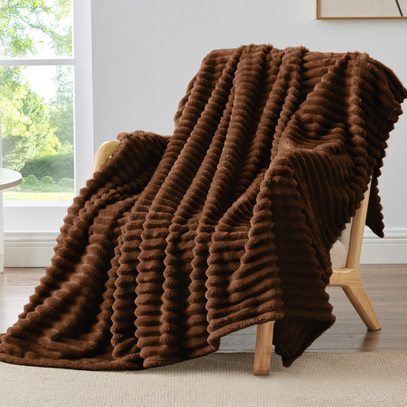 BEDELITE Fleece Throw Blanket for Couch - 300GSM Soft & Warm Fluffy Cream White Blanket, Decorative and Giftable Striped Blankets for Women, Men, 50"x60"