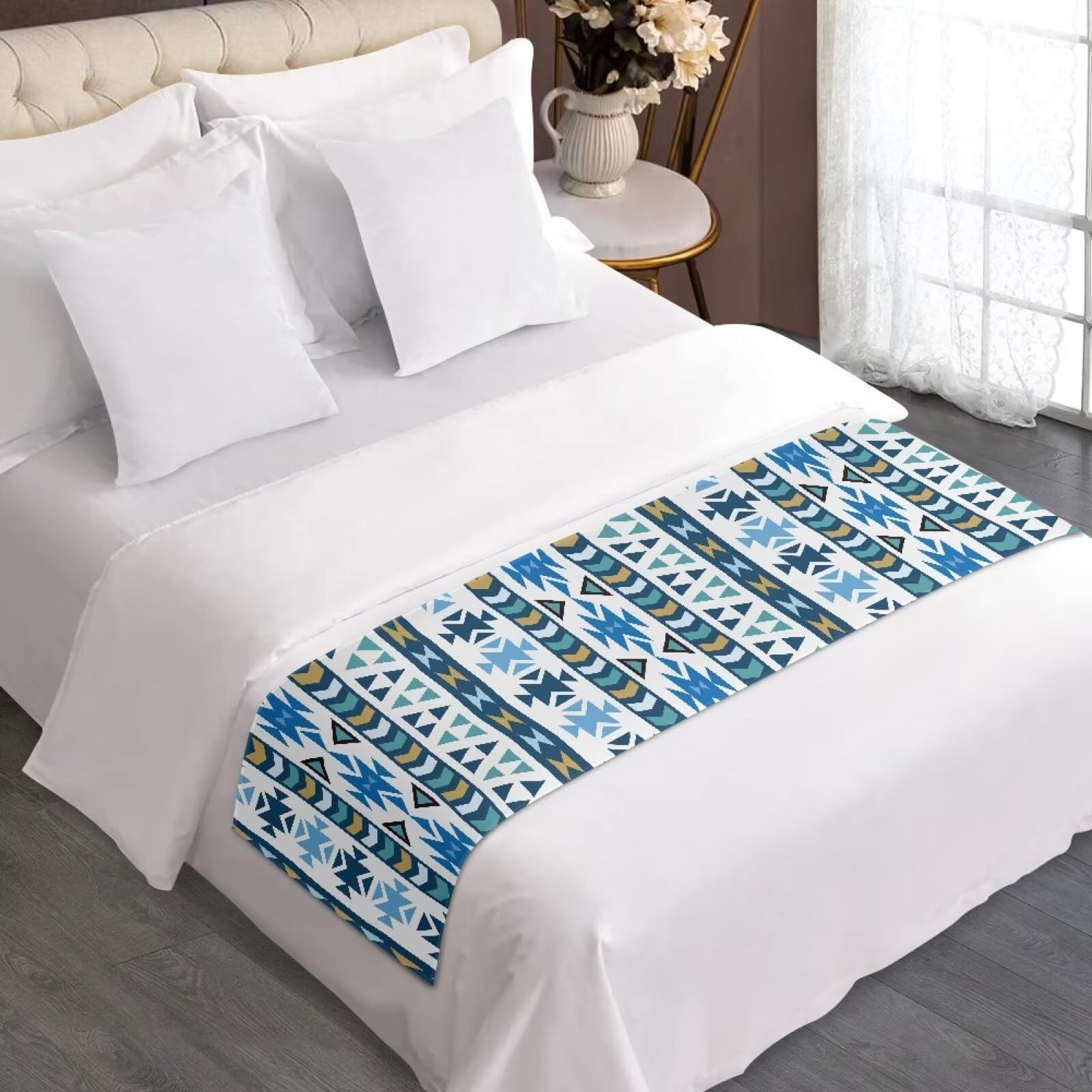 Dreaweet Southwestern Pattern Bed Runner,Aztec Tribal Geometry Pattern Brown Bed Scarf for Foot of Bed Queen Size,Decorative Accent Bedding Scarf for Hotels Homes and Guestrooms