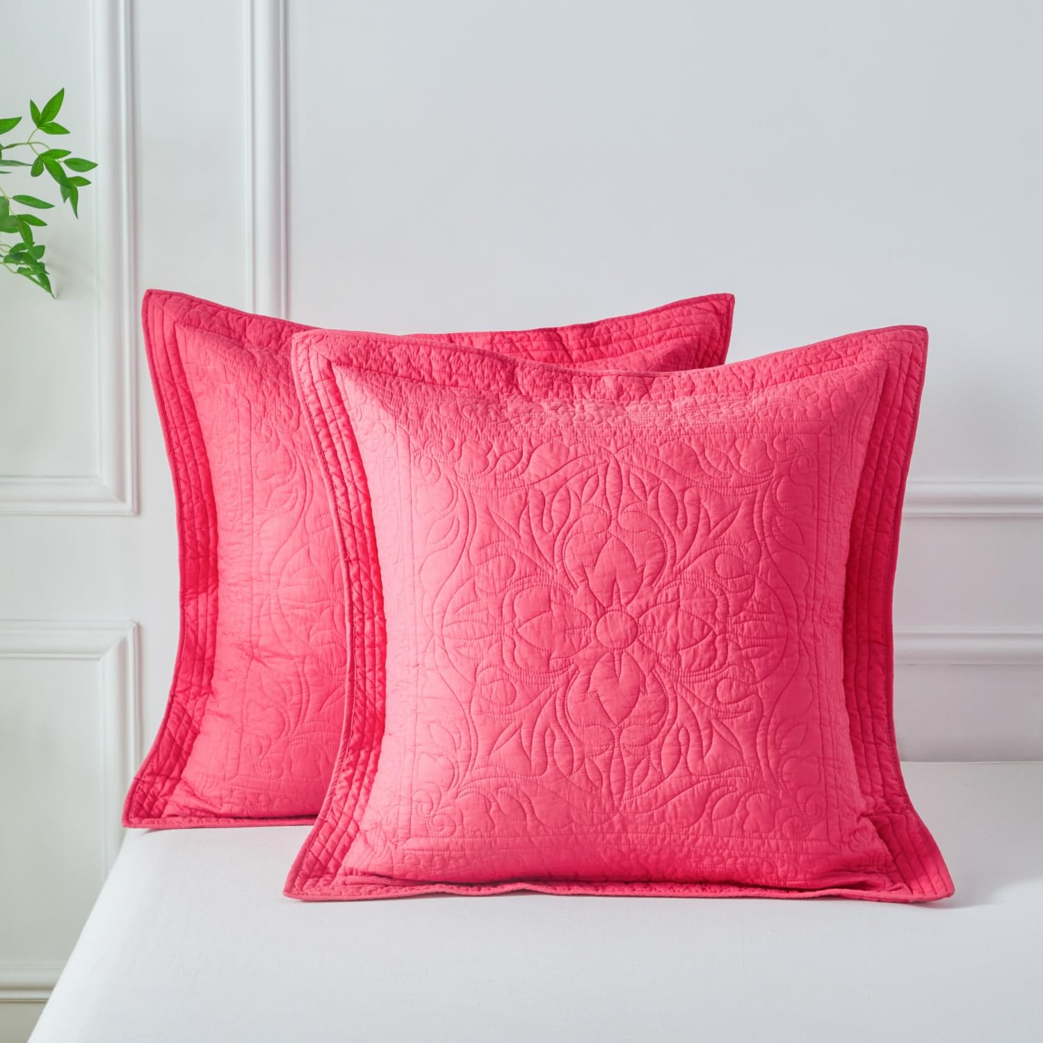 WINLIFE 100% Cotton Quilted Pillow Sham Floral Printed Pillow Cover (Standard, Dusty Pink)