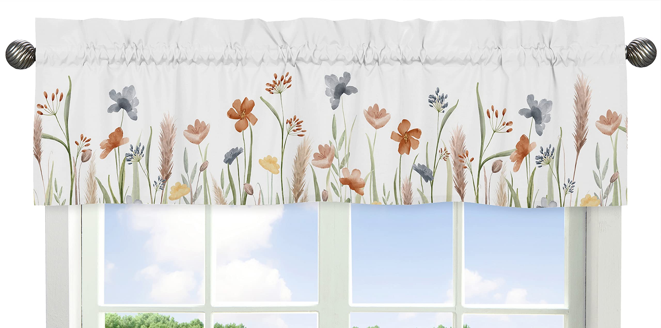 Sweet Jojo Designs Boho Wildflower Vintage Floral Girl Window Valance Curtain Treatment Baby Nursery Kids Room Kitchen Bathroom Bedroom Black Orange Teal Bohemian Farmhouse Daisy Botanical Cottagecore
