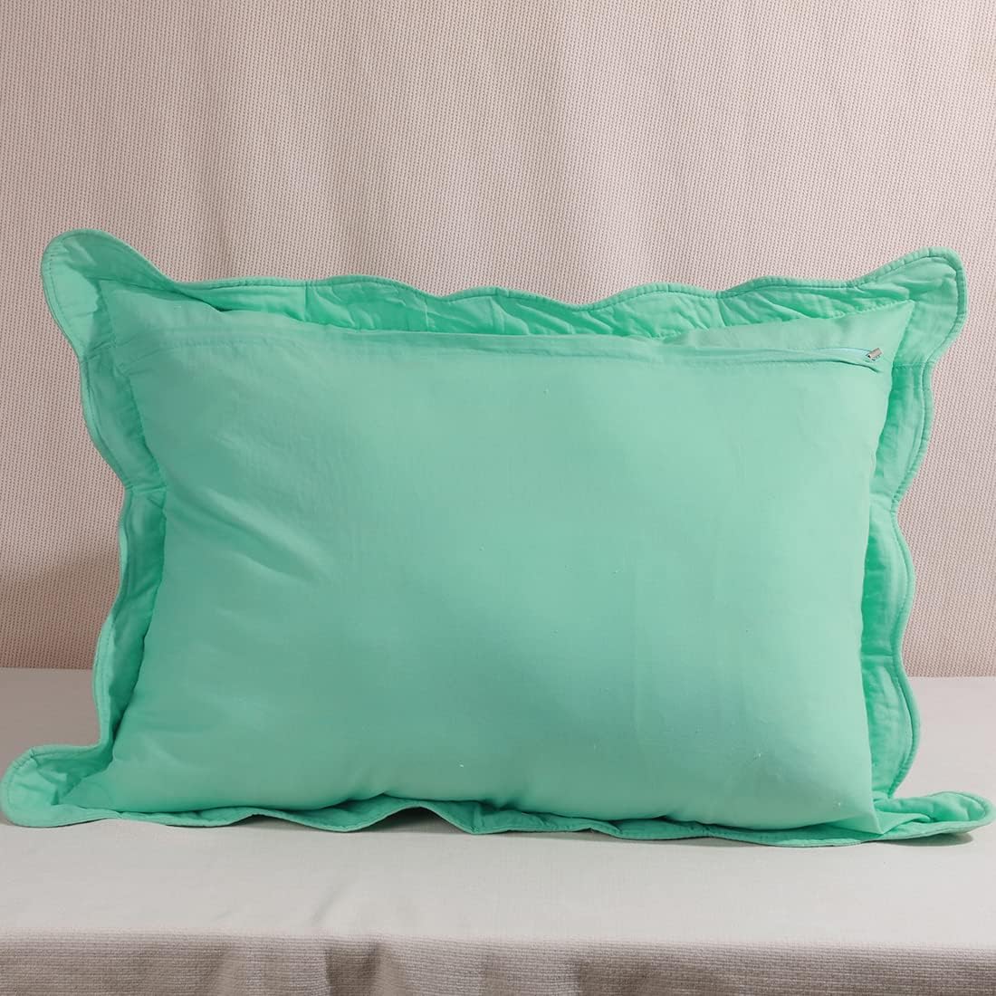 Solid Color 100% Cotton Quilted Pillow Shams Set of 2 Floral Embroidery Bed Pillow Shams Soft Pillow Covers Queen Size (Green A,20"x28")