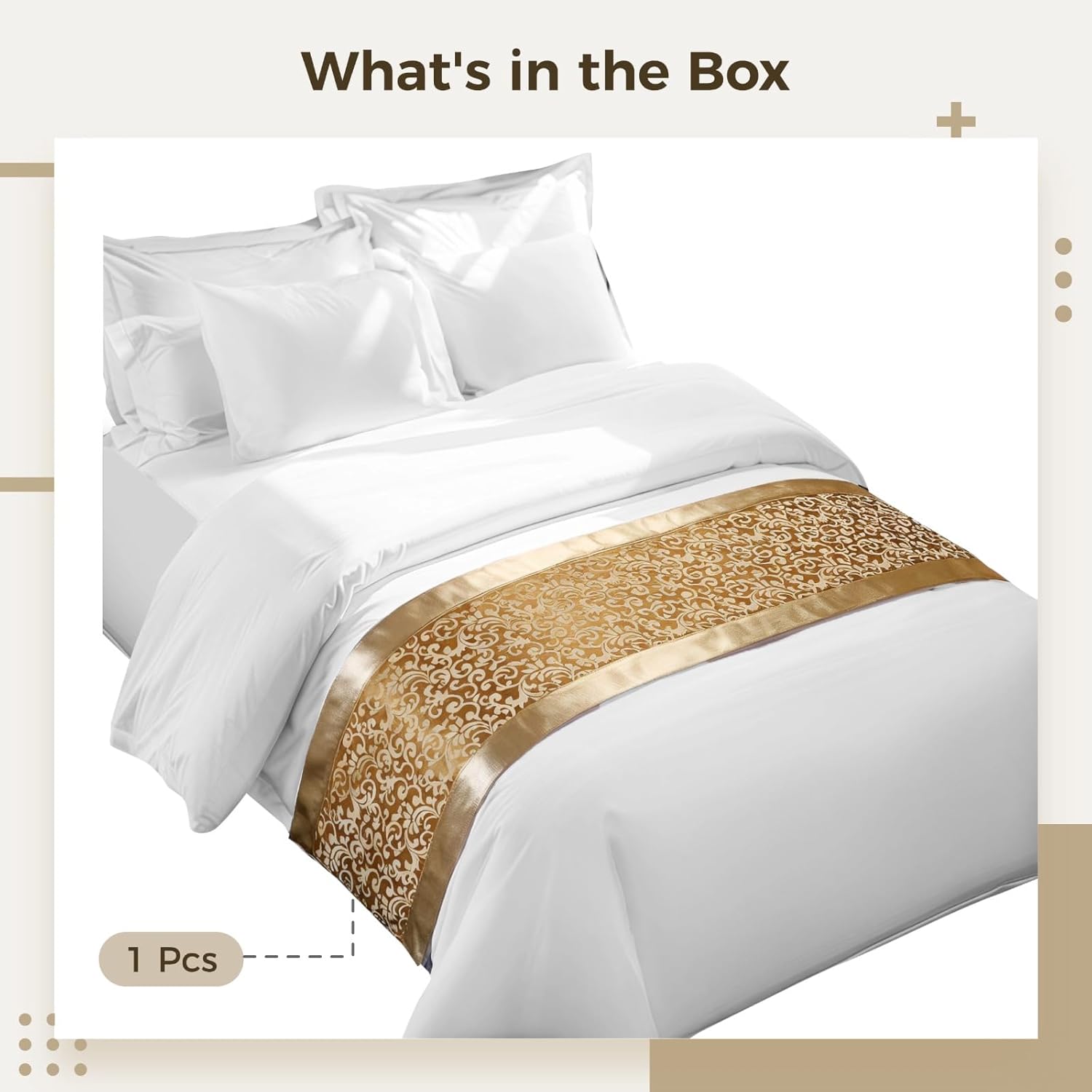 Queen Size Bed Runner, Gold Embroidered Polyester Scarf with Silk Feel, Reinforced Edges, Elegant Accent, 19.7 × 82.7